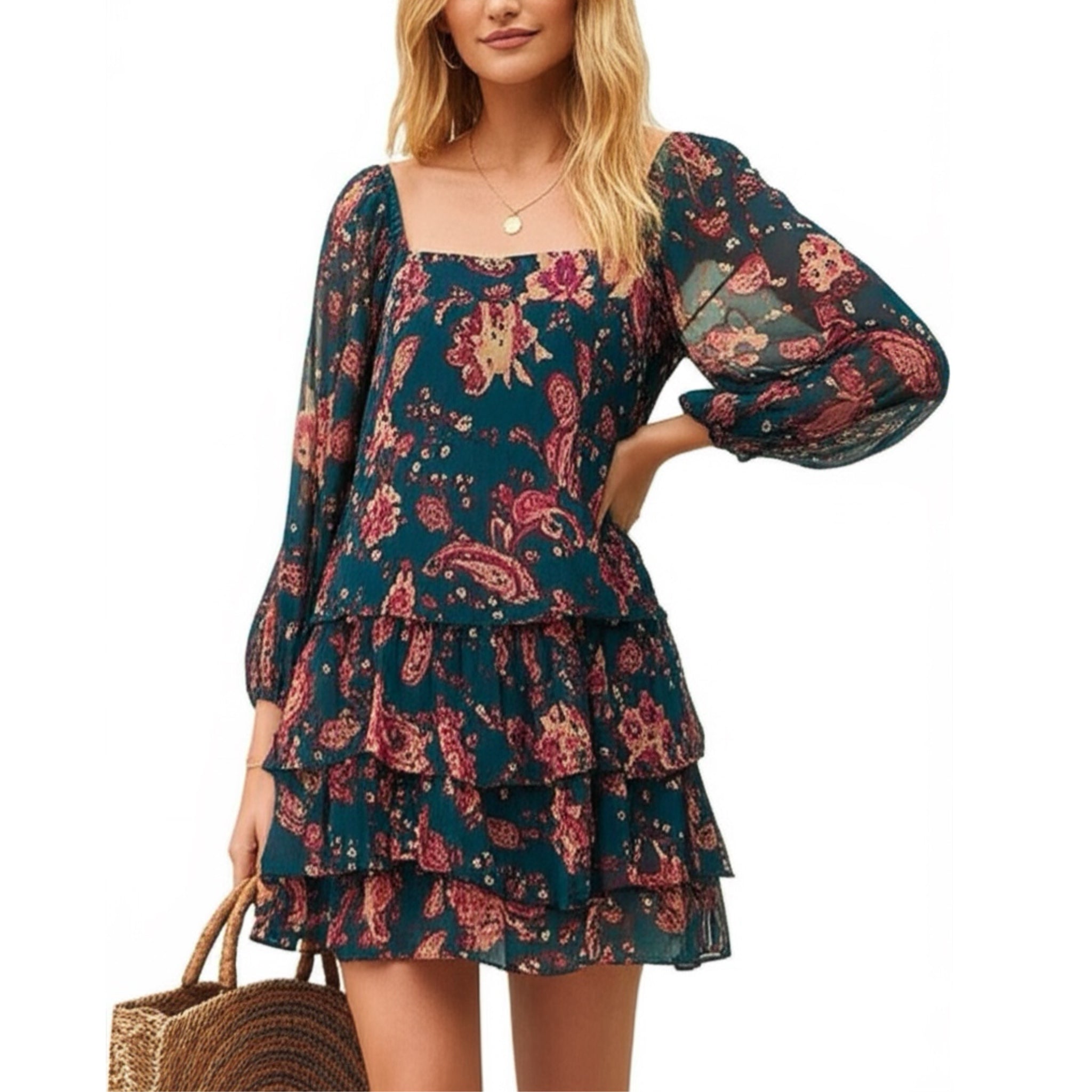 BAND OF THE FREE Mandy Floral Pine Berry Sheer Sleeve Dress Ruffle Hem