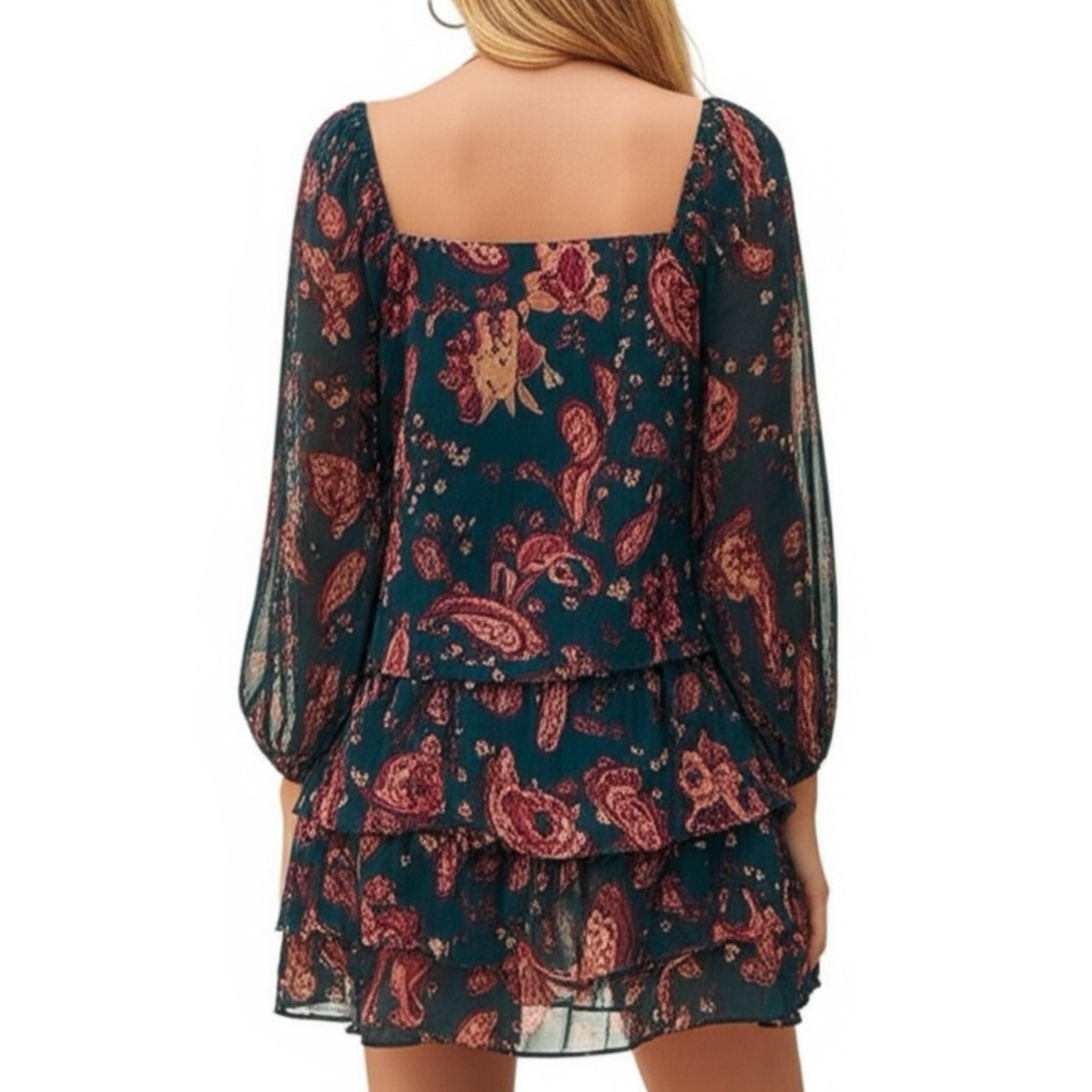BAND OF THE FREE Mandy Floral Pine Berry Sheer Sleeve Dress Ruffle Hem