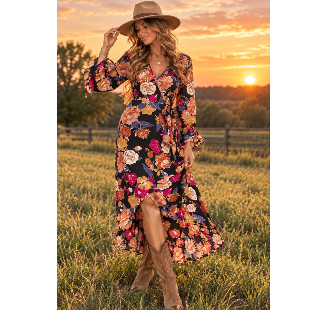 BAND OF THE FREE Black Floral Hi-Lo Wrap Maxi Dress Long Sleeve