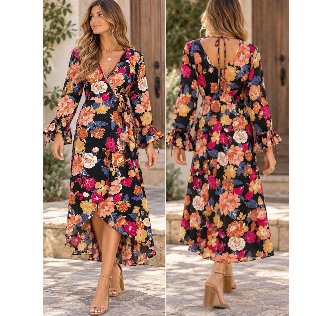 BAND OF THE FREE Black Floral Hi-Lo Wrap Maxi Dress Long Sleeve