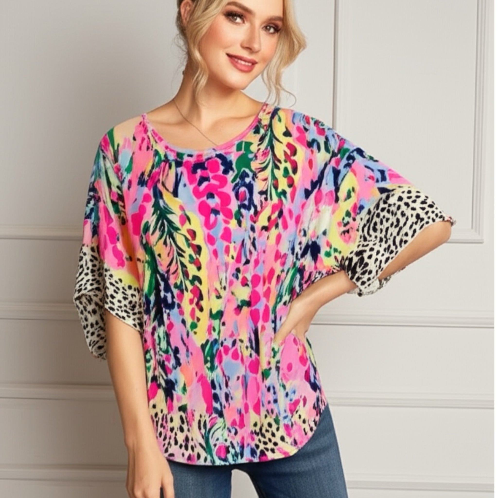 Beeson River Top Feeling Bold Fuchsia Floral Animal Print Ruffle Short Sleeve Blouse (S, M, L)