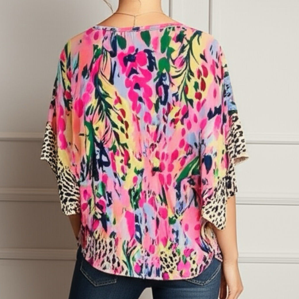 Beeson River Top Feeling Bold Fuchsia Floral Animal Print Ruffle Short Sleeve Blouse (S, M, L)