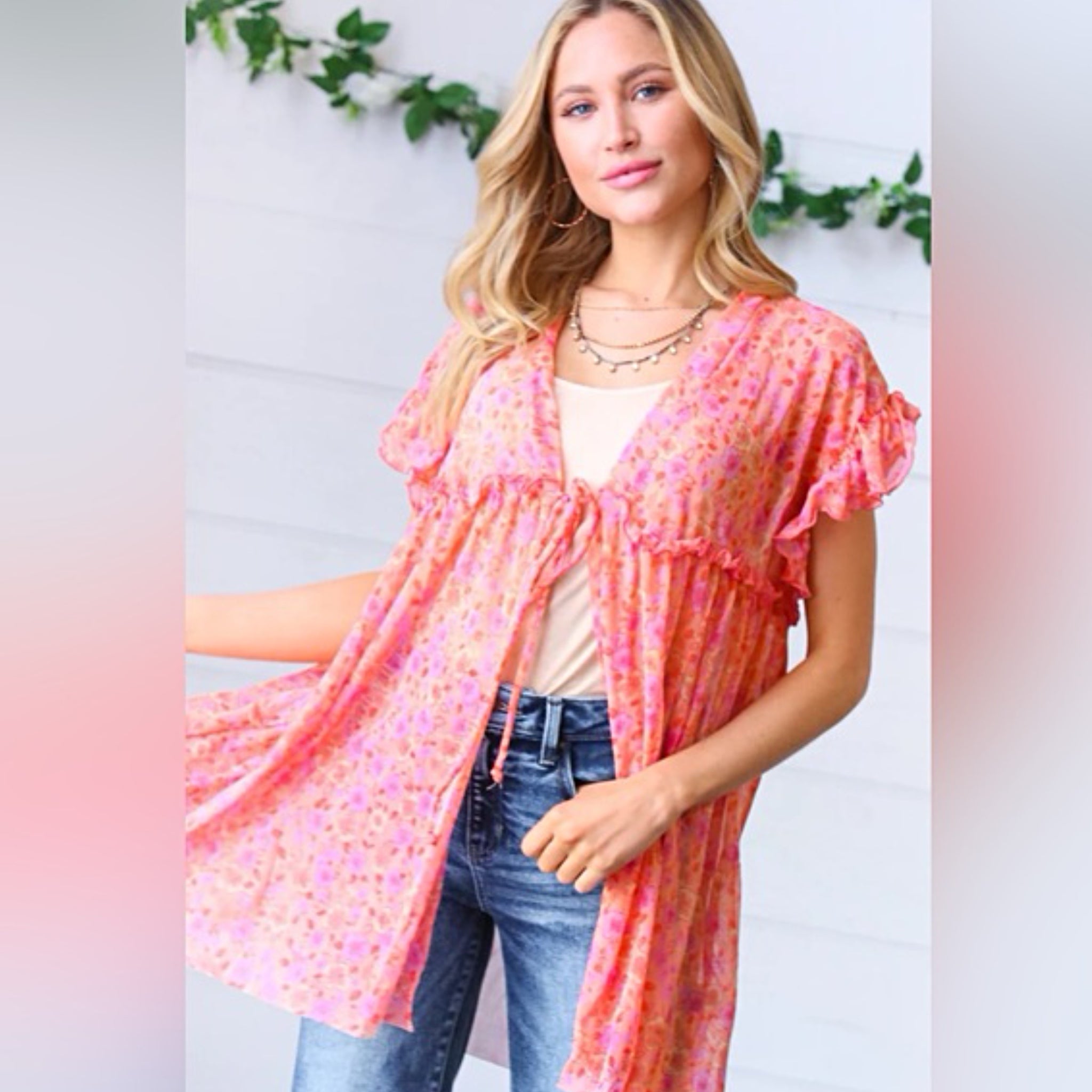 CES FEMME Peach & Lavender Floral Sheer Tie Top Short Sleeve Large Only