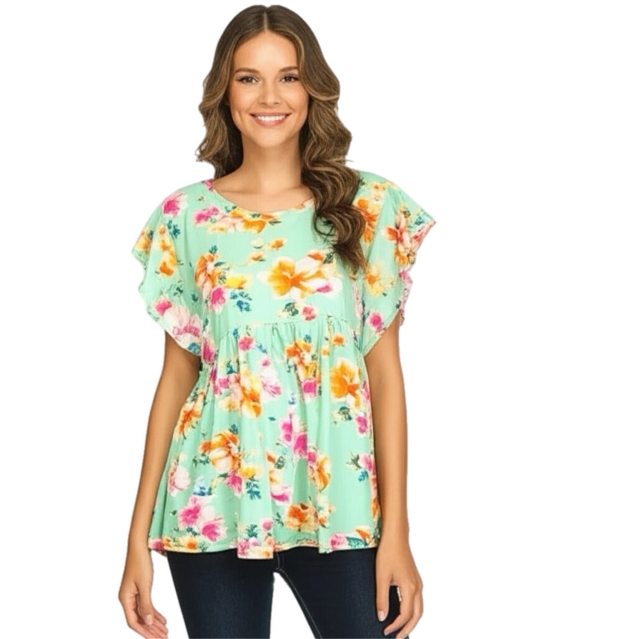 HAPTICS Tropical Ruffle Knit Top Short Sleeve Blouse in Mint