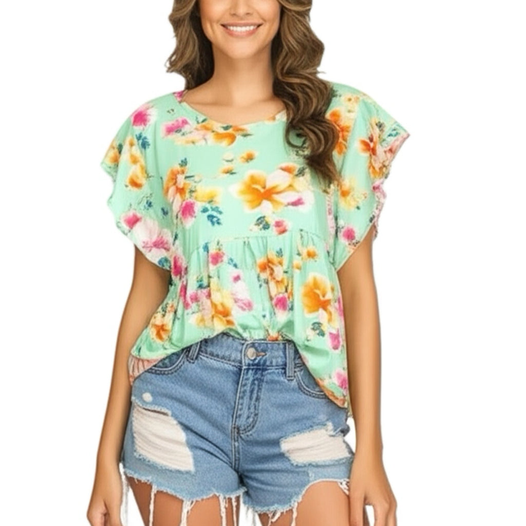 HAPTICS Tropical Ruffle Knit Top Short Sleeve Blouse in Mint