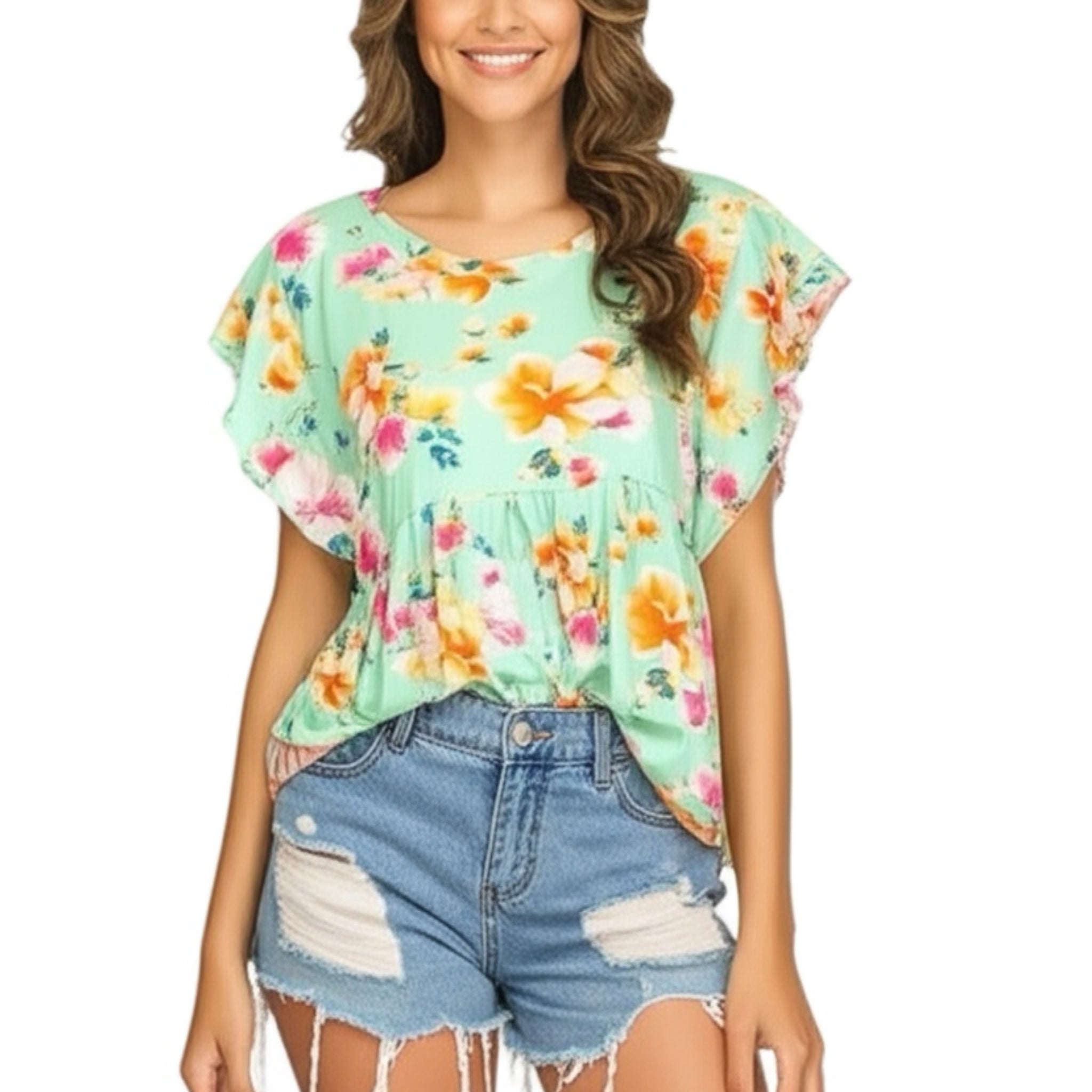 HAPTICS Tropical Ruffle Knit Top Short Sleeve Blouse in Mint