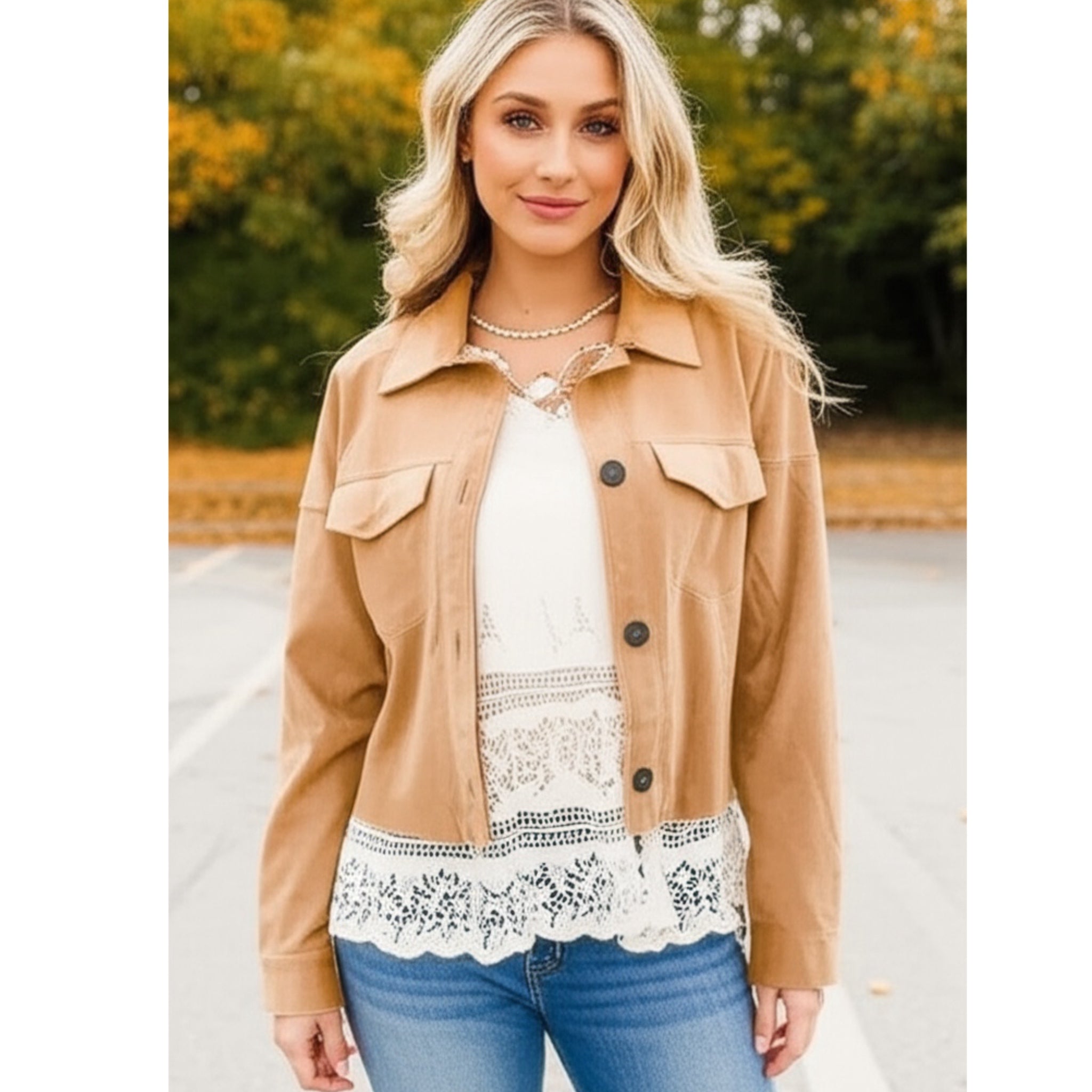 Feel Your Best Faux Suede Cropped Boxy Fit Light Jacket in Camel Beige