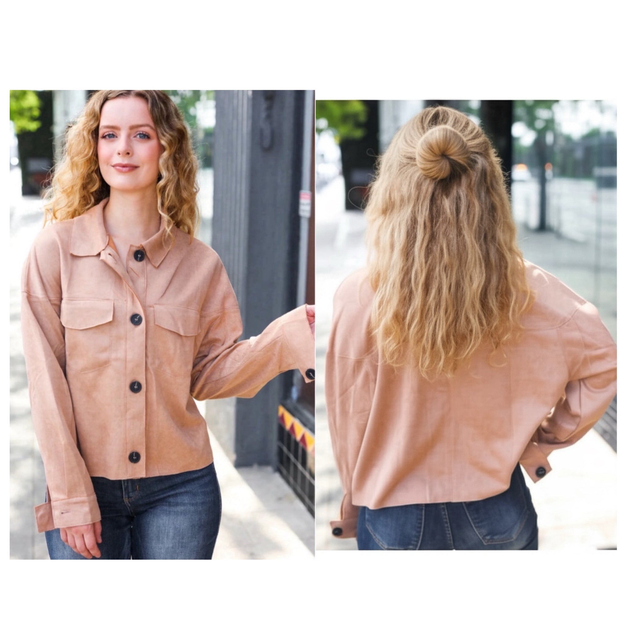 Feel Your Best Faux Suede Cropped Boxy Fit Light Jacket in Camel Beige