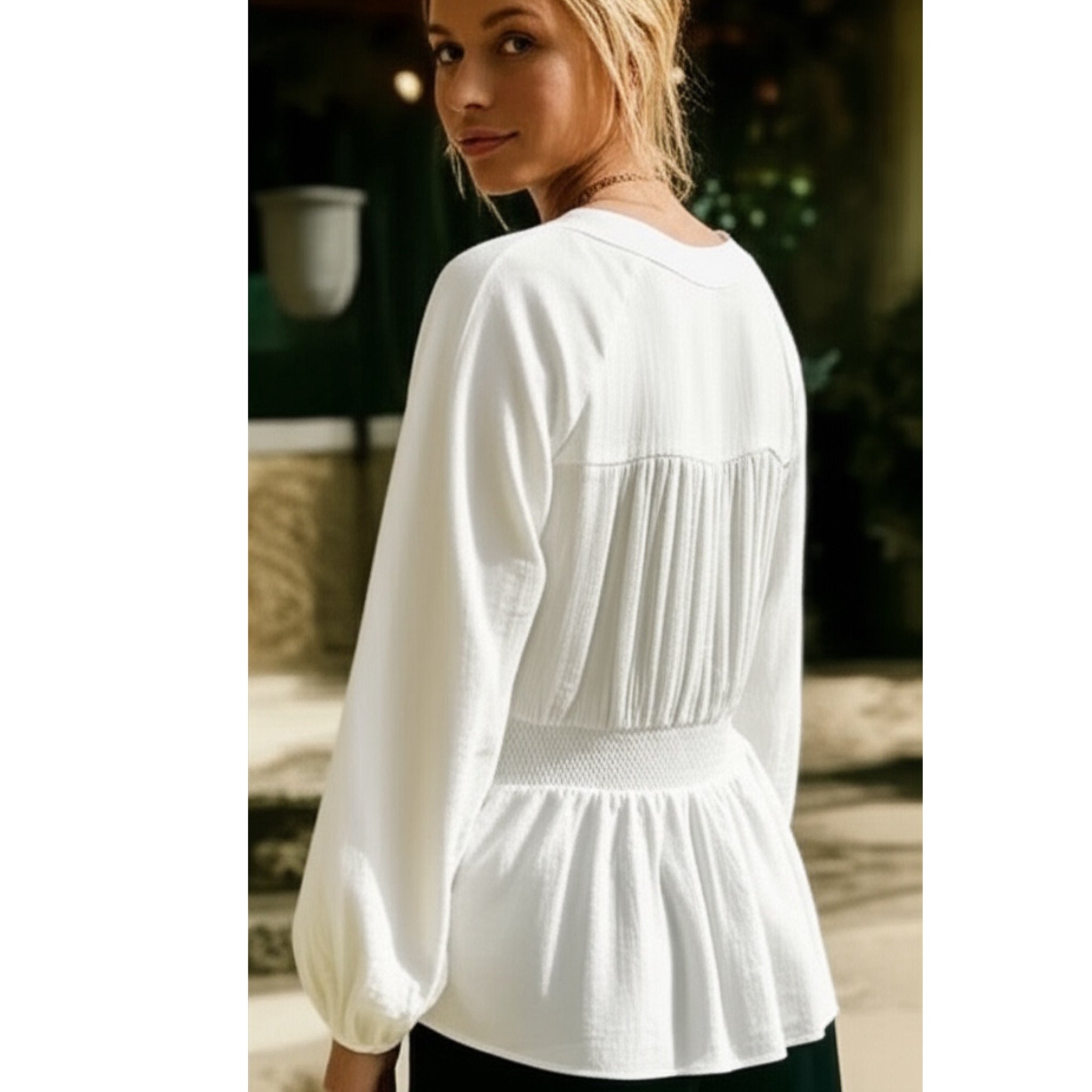 East Coast Linen Blend Long Sleeve White V Neck Blouse
