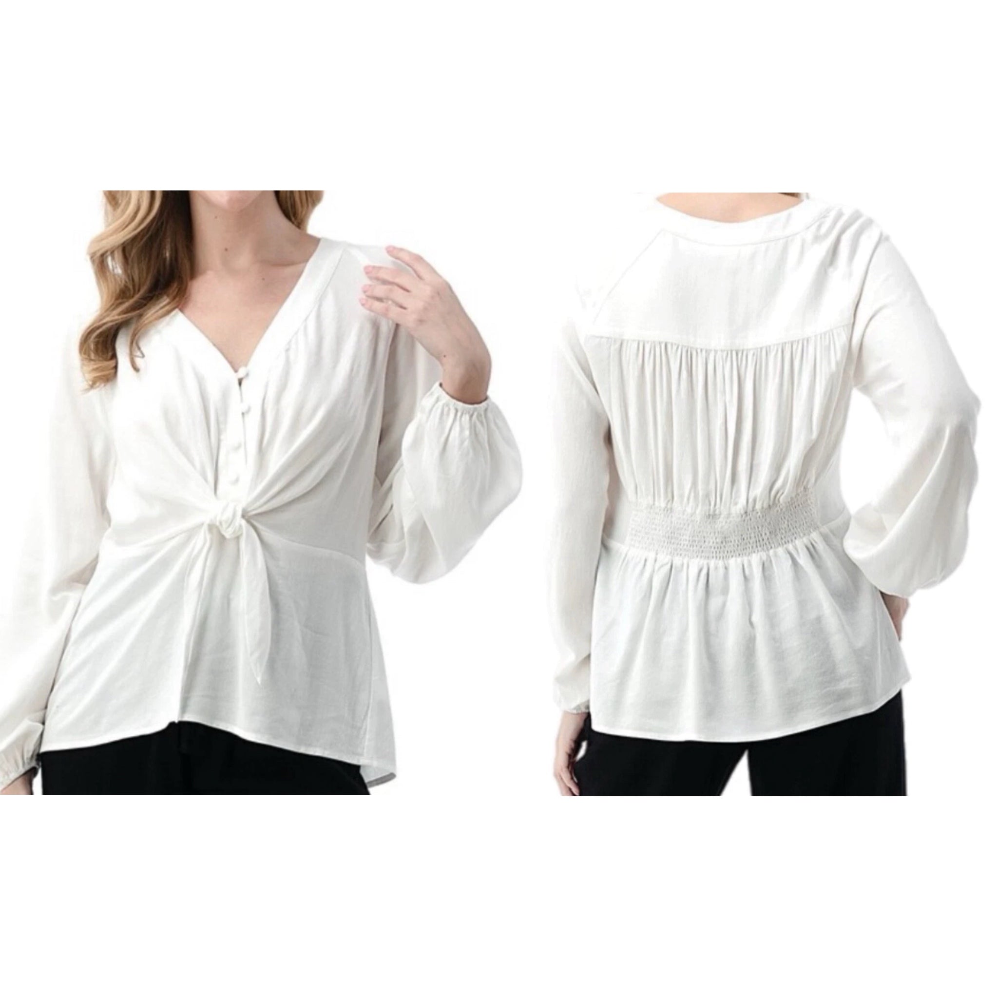 East Coast Linen Blend Long Sleeve White V Neck Blouse