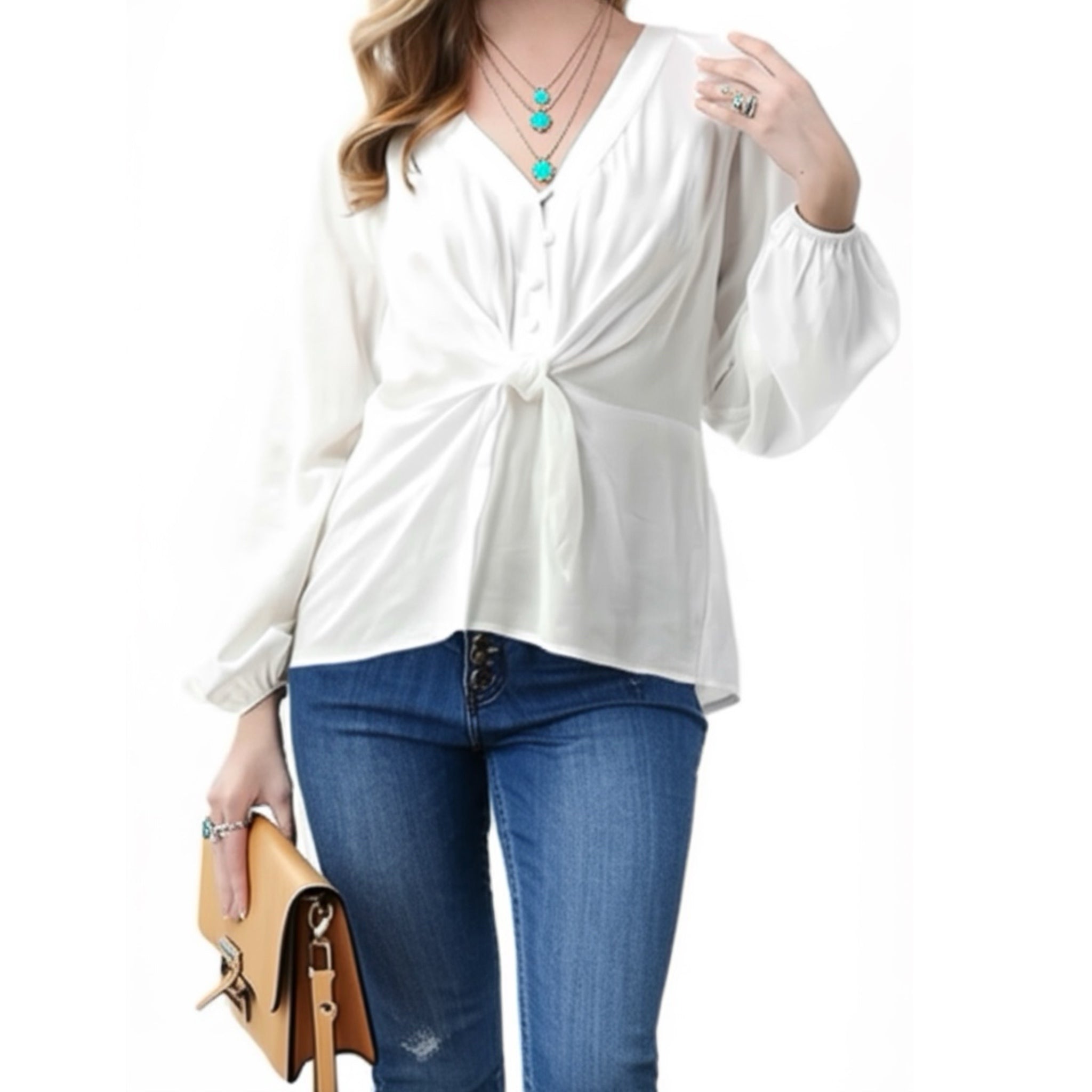 East Coast Linen Blend Long Sleeve White V Neck Blouse