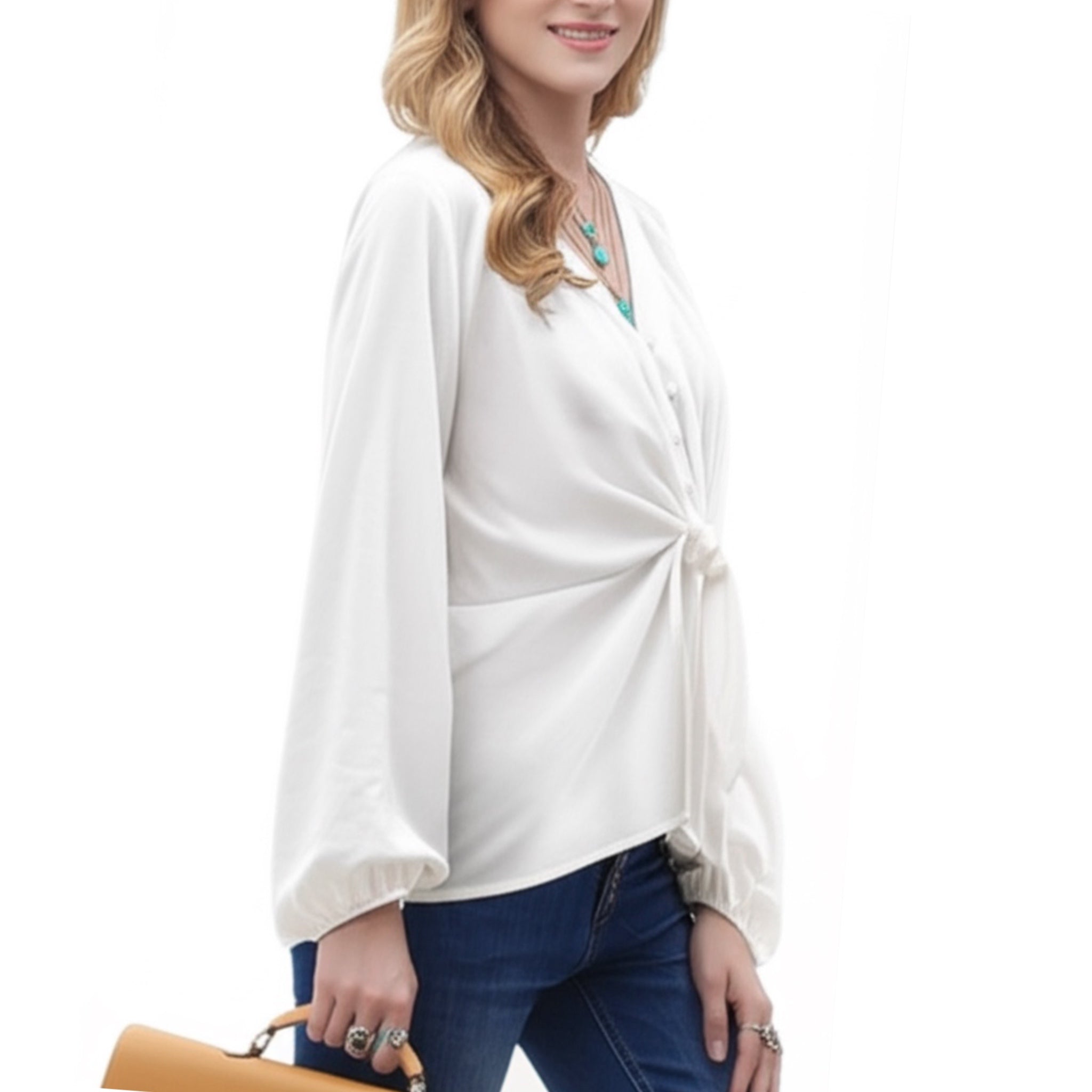 East Coast Linen Blend Long Sleeve White V Neck Blouse