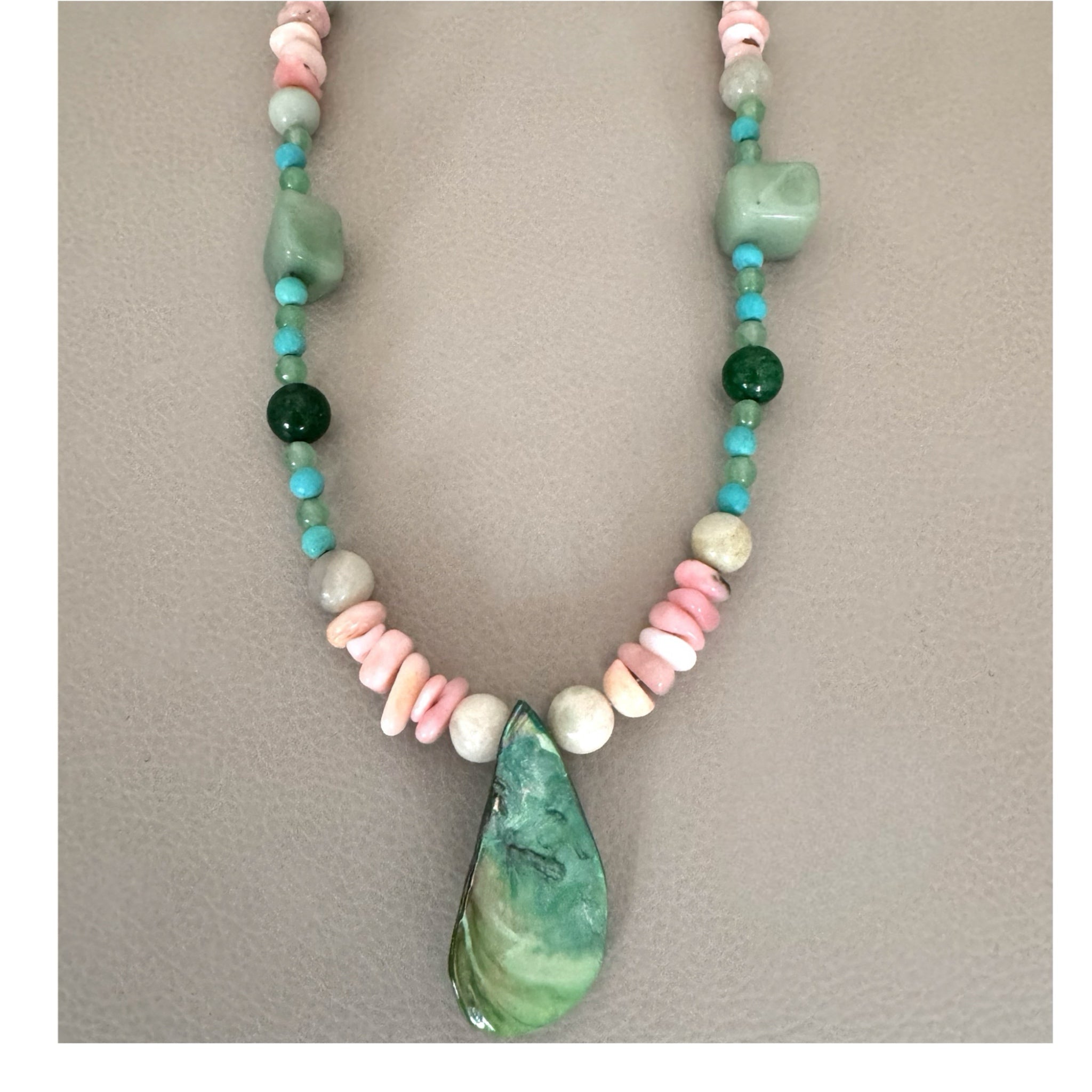 Artisan Handmade Boho Coastal Necklace Abalone Shell Aventurine Gemstones 18”