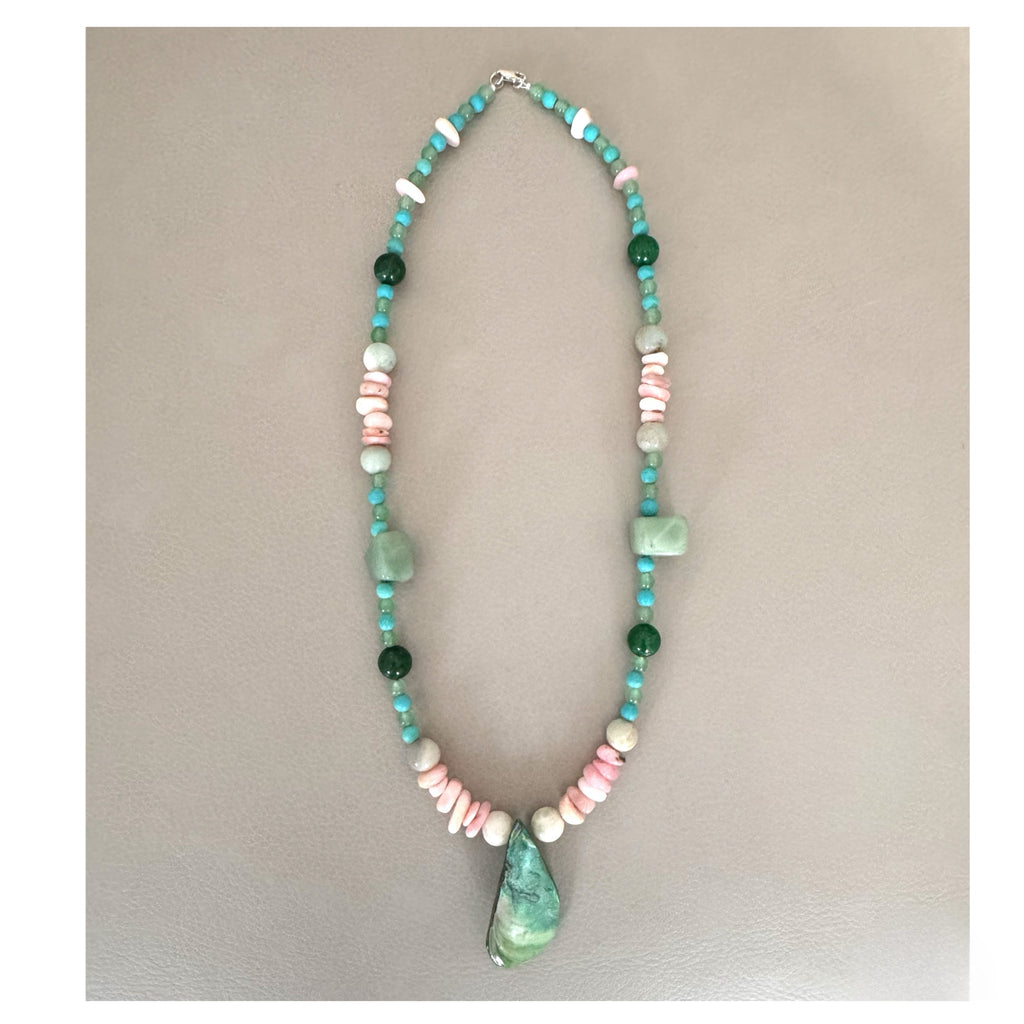 Artisan Handmade Boho Coastal Necklace Abalone Shell Aventurine Gemstones 18”