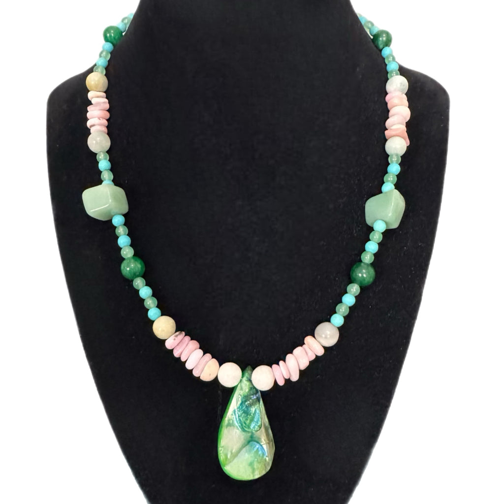 Artisan Handmade Boho Coastal Necklace Abalone Shell Aventurine Gemstones 18”