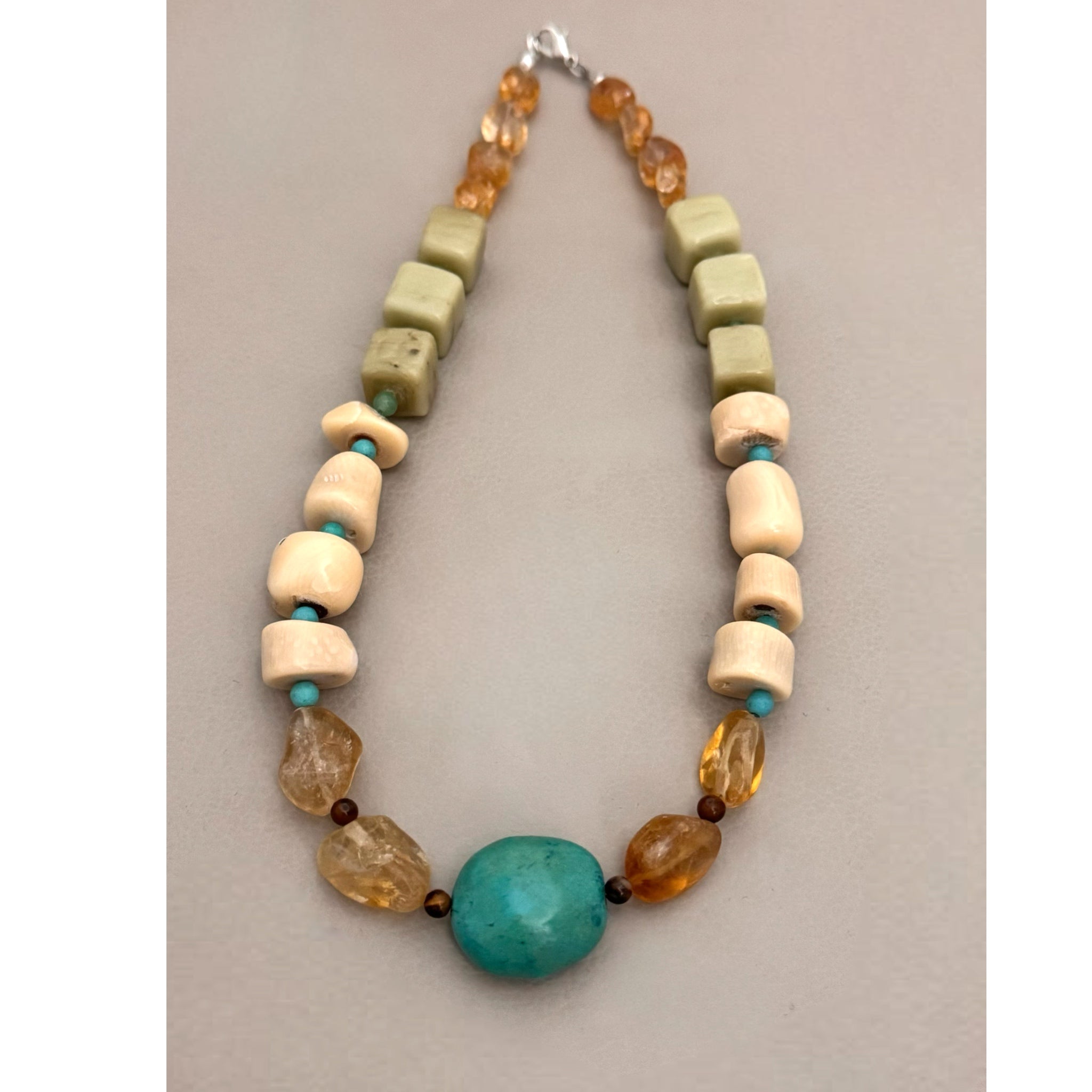 Artisan Chunky Stone Boho Statement Necklace Gemstone Jade Citrine Turquoise Mix
