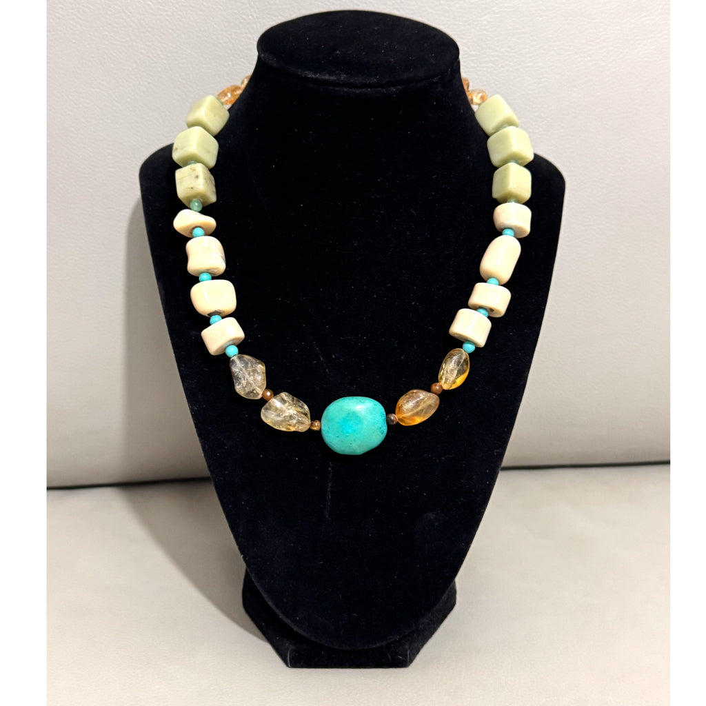 Artisan Chunky Stone Boho Statement Necklace Gemstone Jade Citrine Turquoise Mix