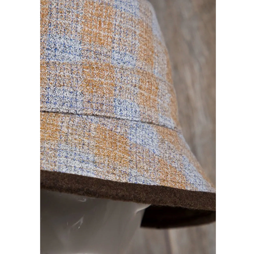Reversible Plaid Bucket Hat – Blue & Beige Tweed with Dark Brown Trim