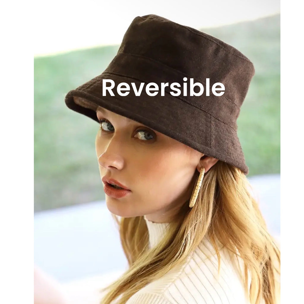 Reversible Plaid Bucket Hat – Blue & Beige Tweed with Dark Brown Trim