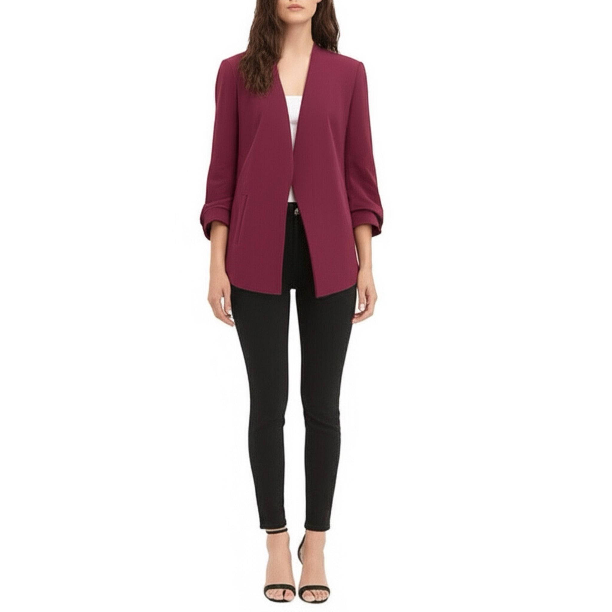 DKNY Womens Winter Cabernet Crepe Long Slouch Sleeve Open Fashion Blazer Jacket