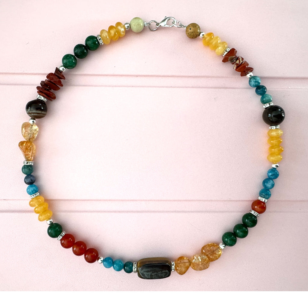 Natural Chakra Healing Necklace Handmade Jade Citrine Tiger’s Eye Gemstone 17”
