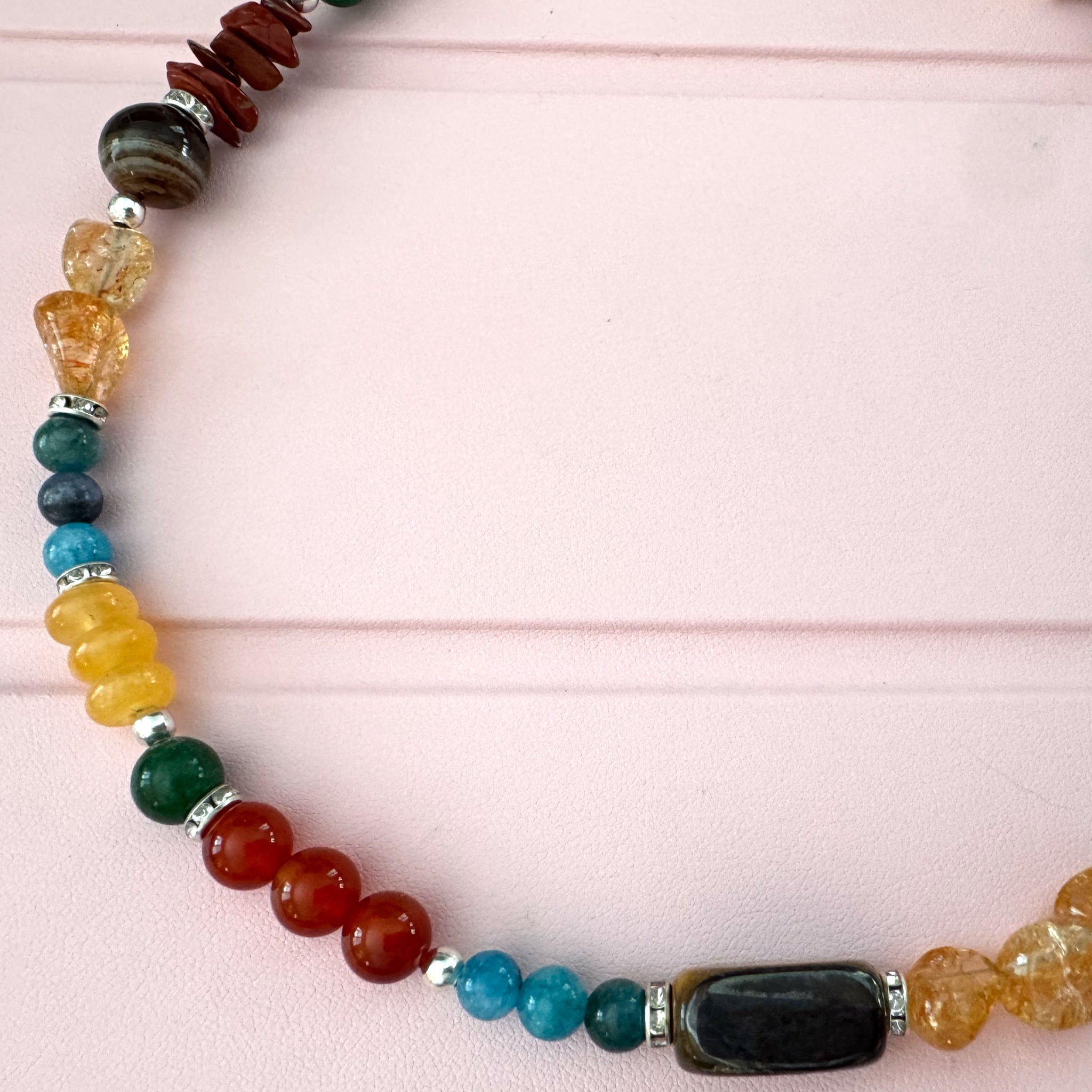 Natural Chakra Healing Necklace Handmade Jade Citrine Tiger’s Eye Gemstone 17”