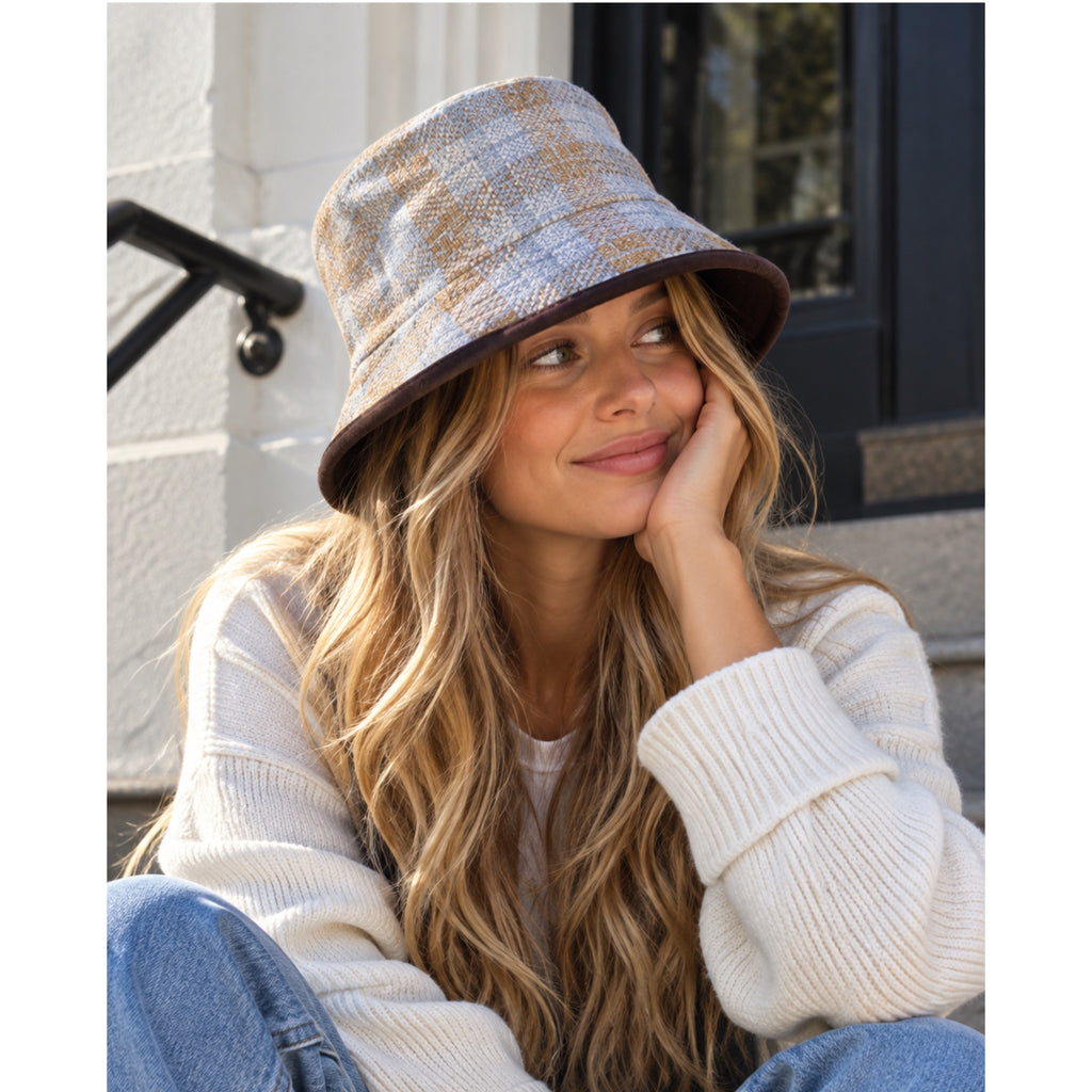 Reversible Plaid Bucket Hat – Blue & Beige Tweed with Dark Brown Trim