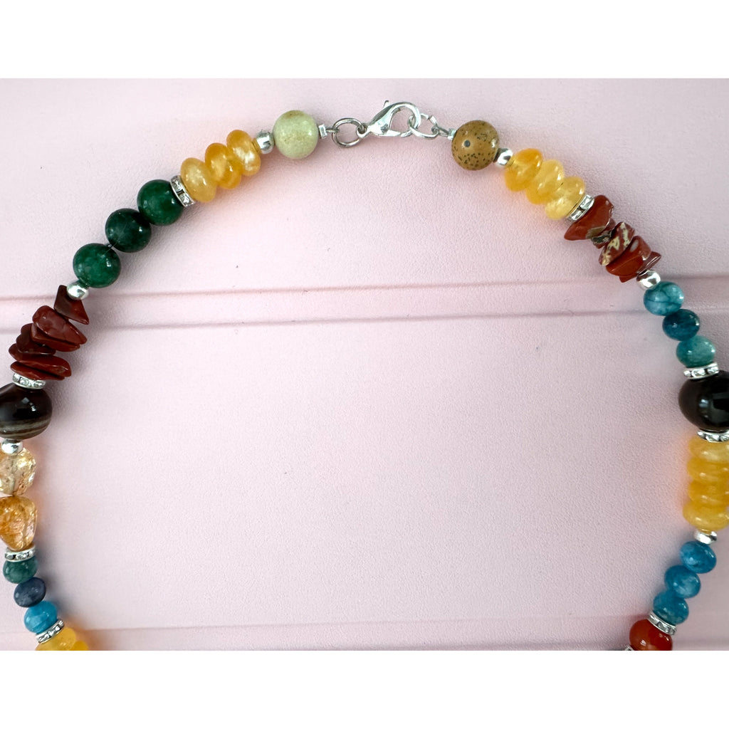 Natural Chakra Healing Necklace Handmade Jade Citrine Tiger’s Eye Gemstone 17”