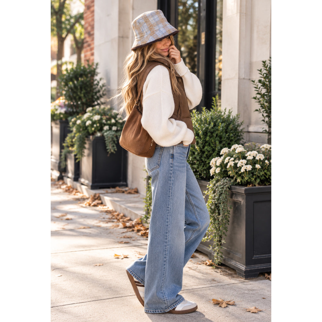 Reversible Plaid Bucket Hat – Blue & Beige Tweed with Dark Brown Trim