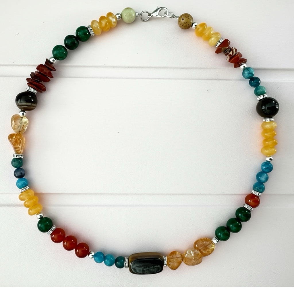 Natural Chakra Healing Necklace Handmade Jade Citrine Tiger’s Eye Gemstone 17”