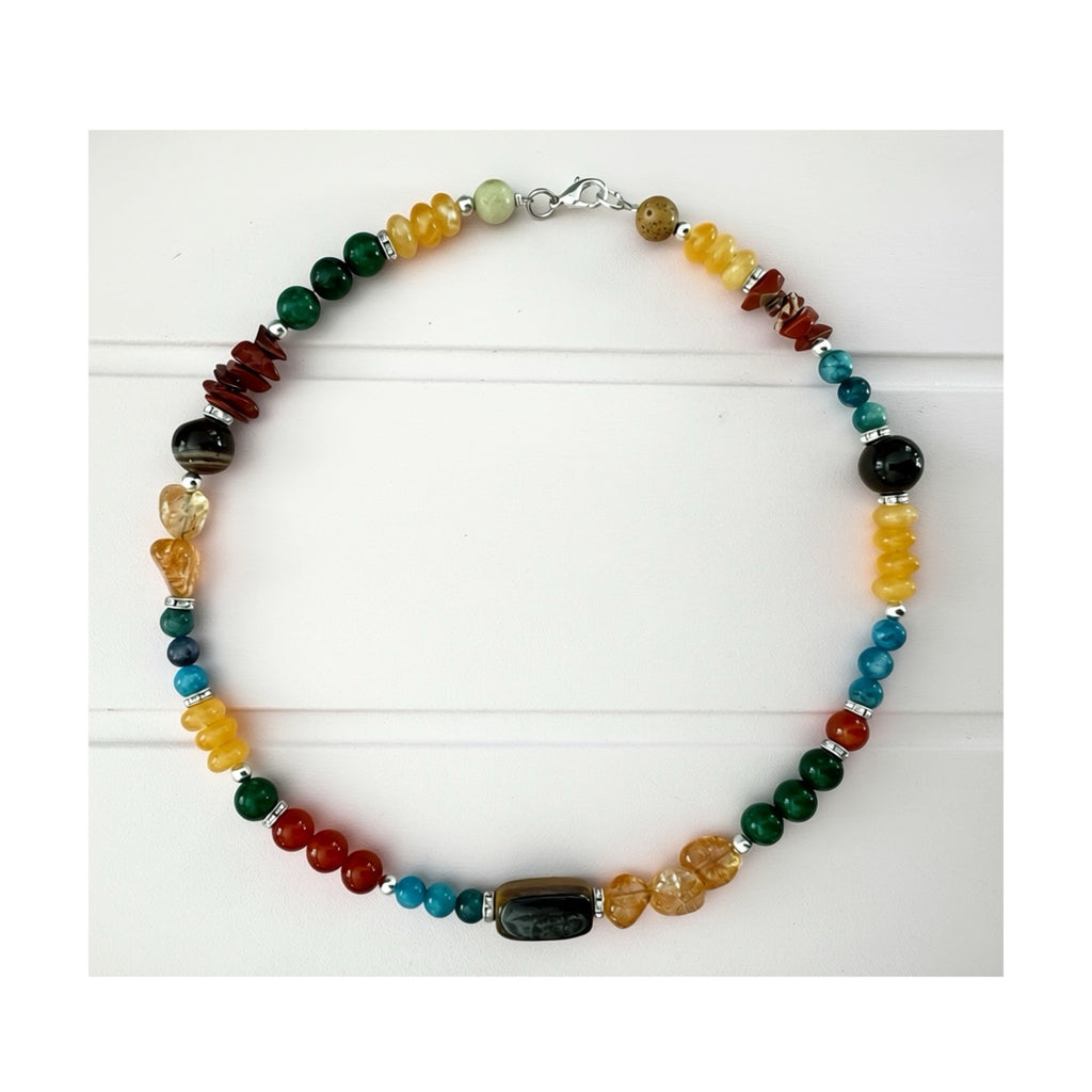 Natural Chakra Healing Necklace Handmade Jade Citrine Tiger’s Eye Gemstone 17”