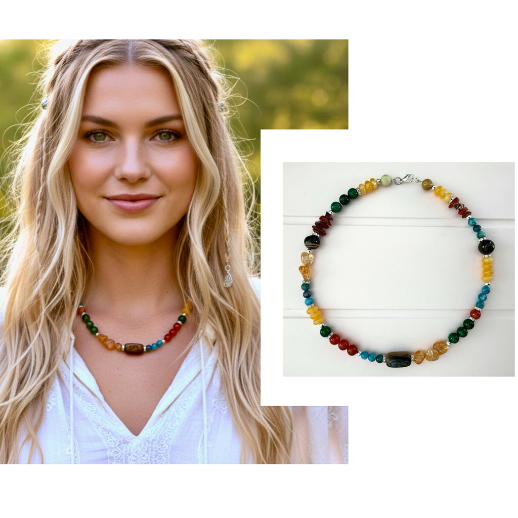 Natural Chakra Healing Necklace Handmade Jade Citrine Tiger’s Eye Gemstone 17”