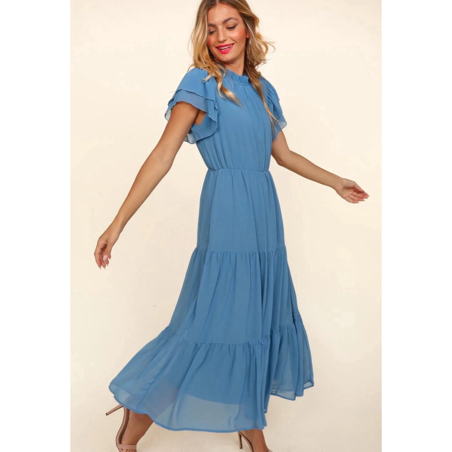 HAPTICS Denim Blue Mock Neck Maxi Dress with Side Pockets