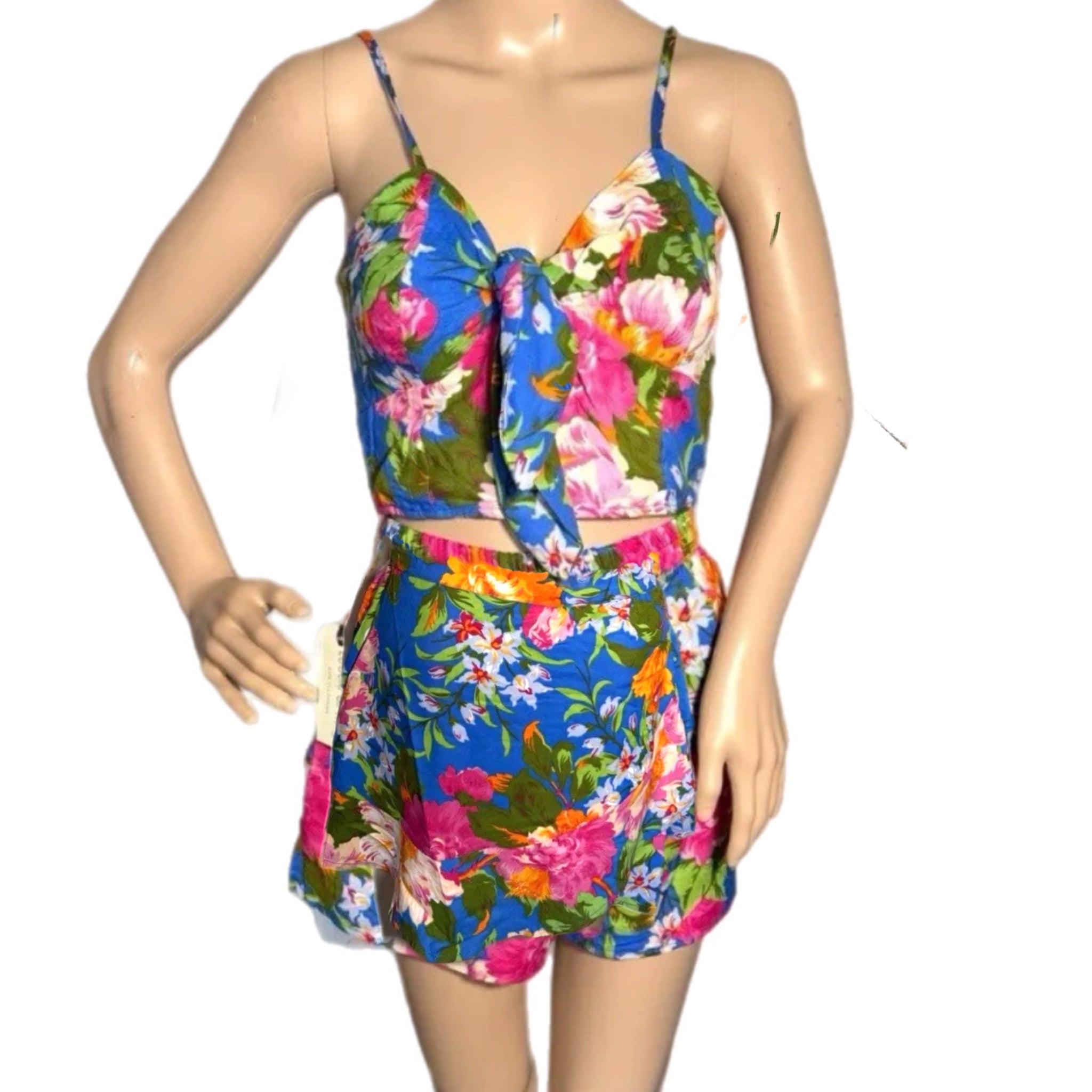 B.O.G. COLLECTIVE 2 Piece Set Tropical Blue Peep Stomach Skort Sweetheart Top