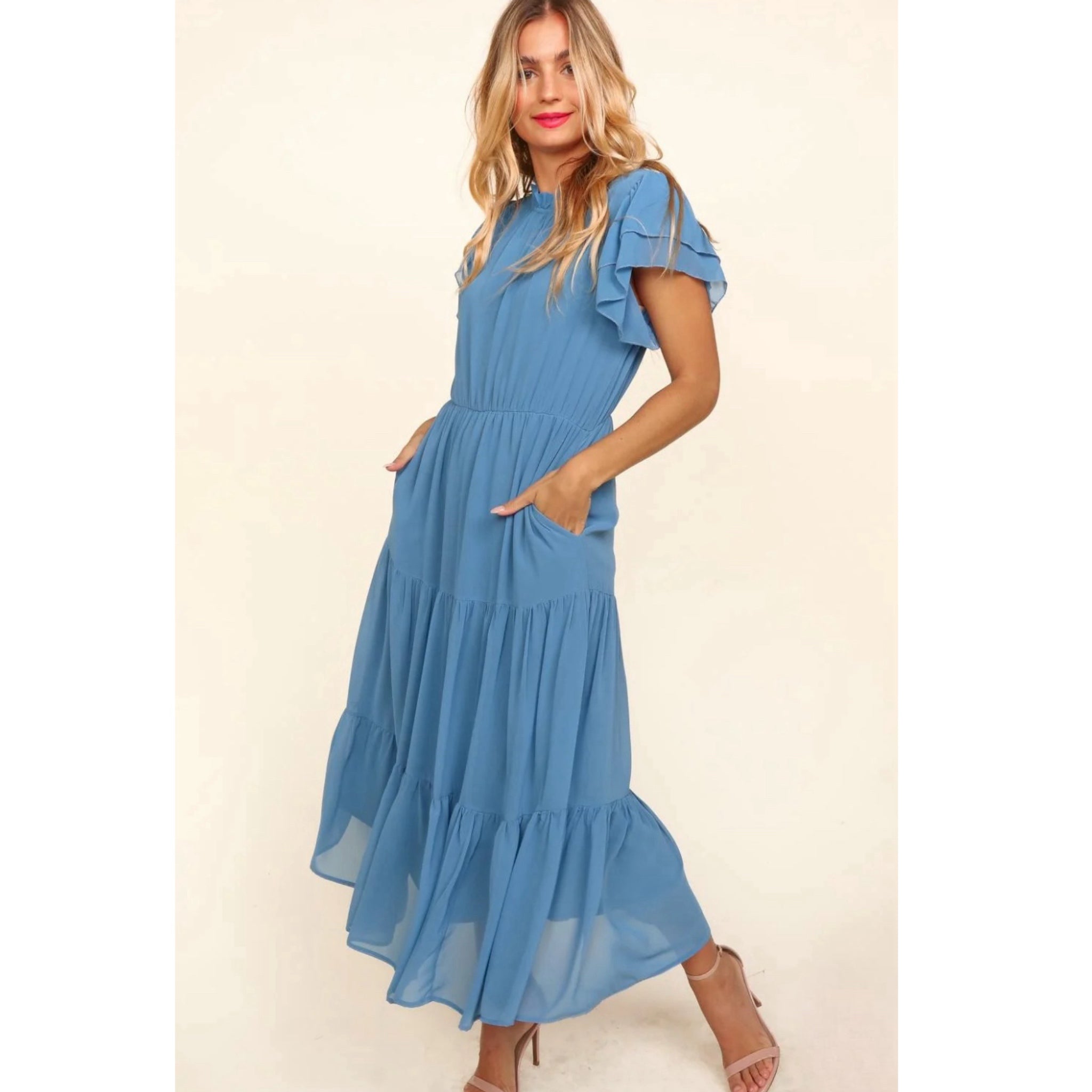 HAPTICS Coastal Blue Mock Neck Maxi Dress with Side Pockets