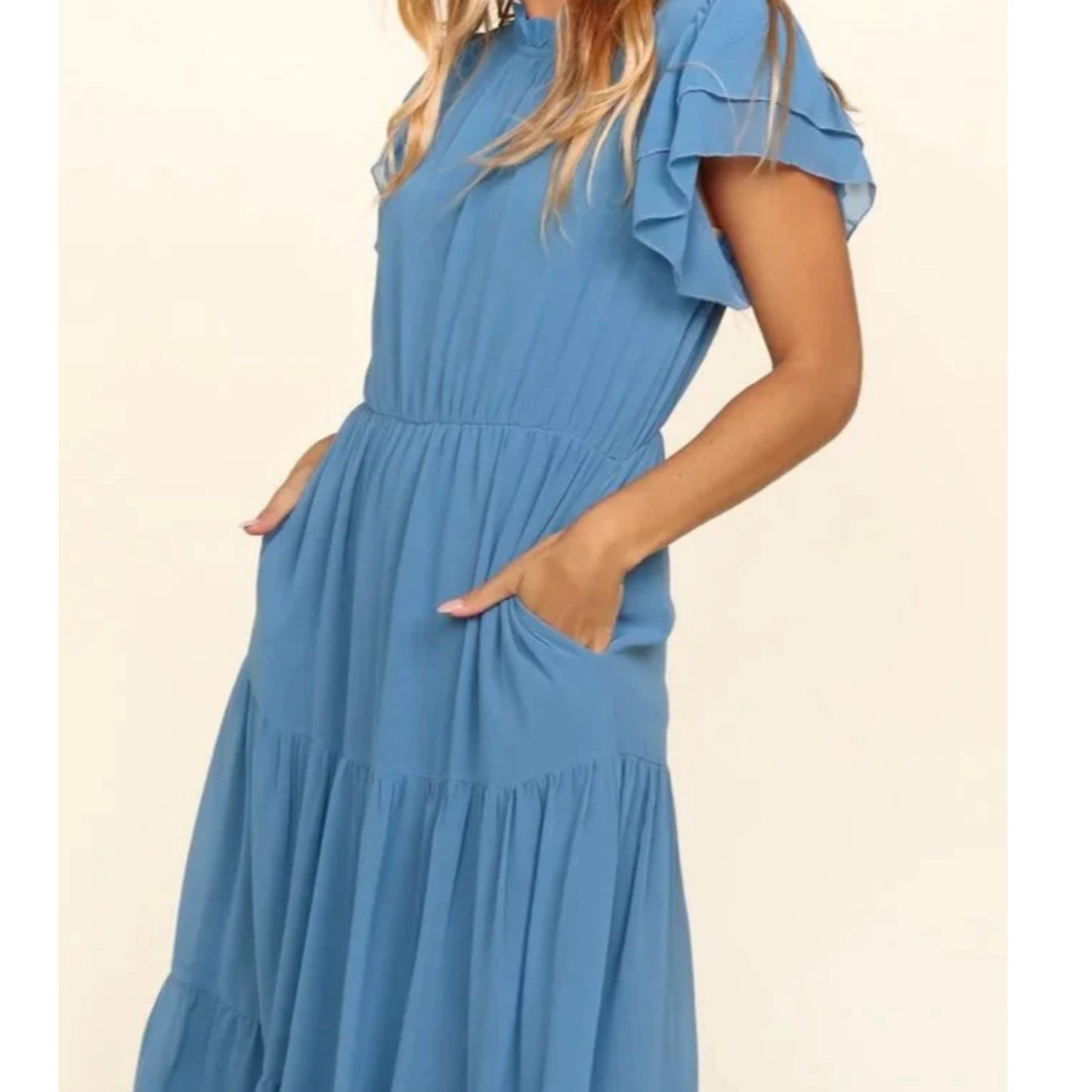 HAPTICS Denim Blue Mock Neck Maxi Dress with Side Pockets