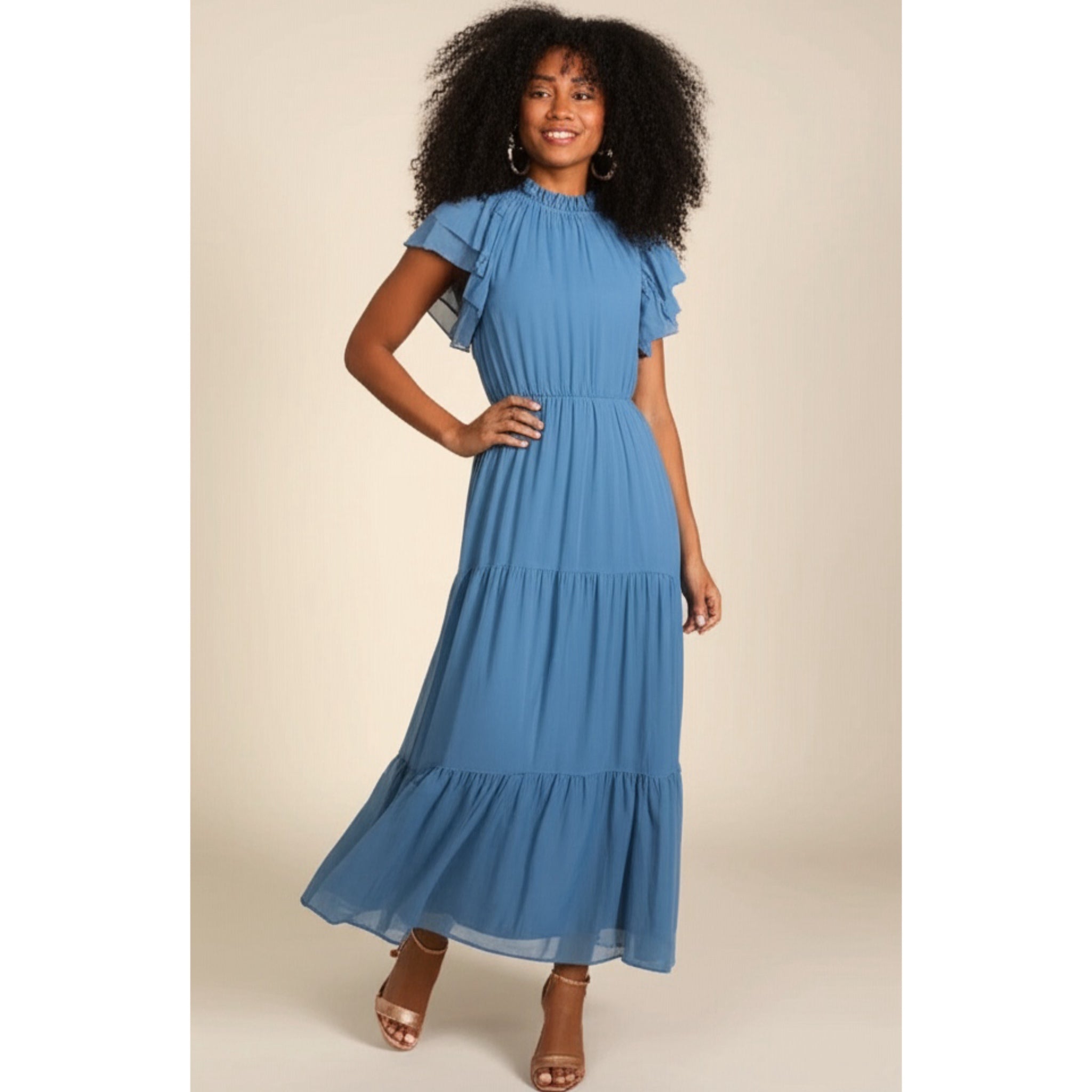 HAPTICS Coastal Blue Mock Neck Maxi Dress with Side Pockets