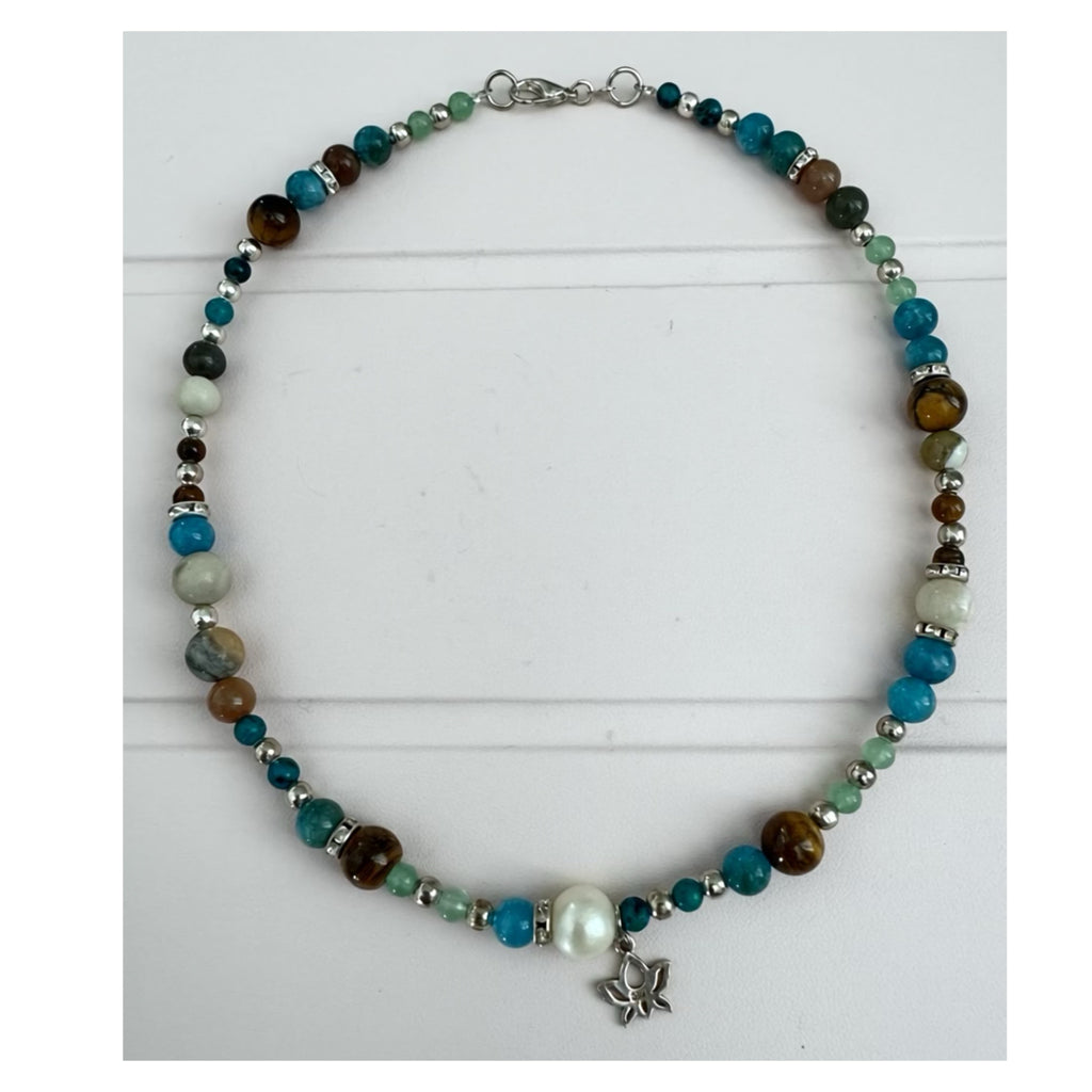 Handmade Sterling Silver S925 Lotus Pendant Gemstone Necklace Pearl Tigers Eye