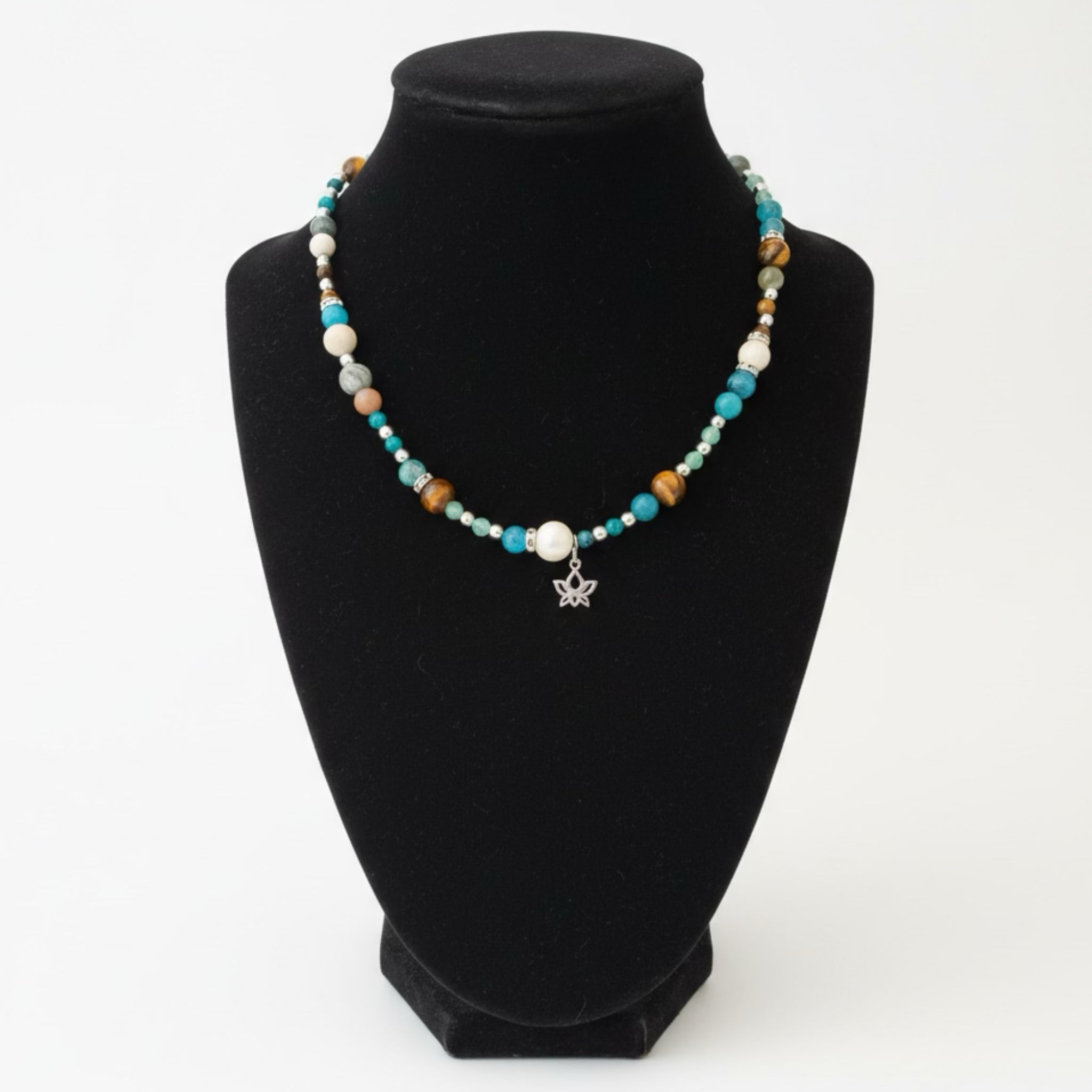 Handmade Sterling Silver S925 Lotus Pendant Gemstone Necklace Pearl Tigers Eye