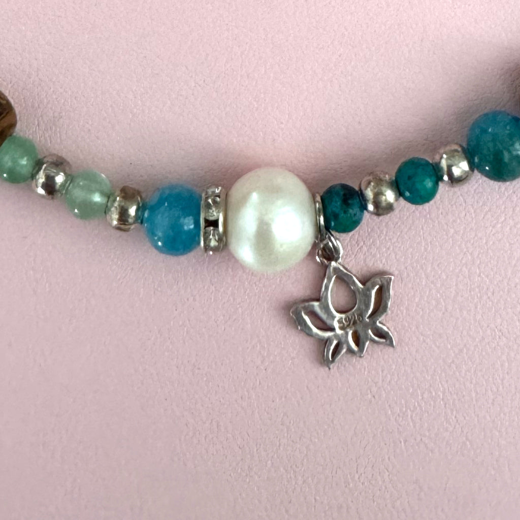 Handmade Sterling Silver S925 Lotus Pendant Gemstone Necklace Pearl Tigers Eye