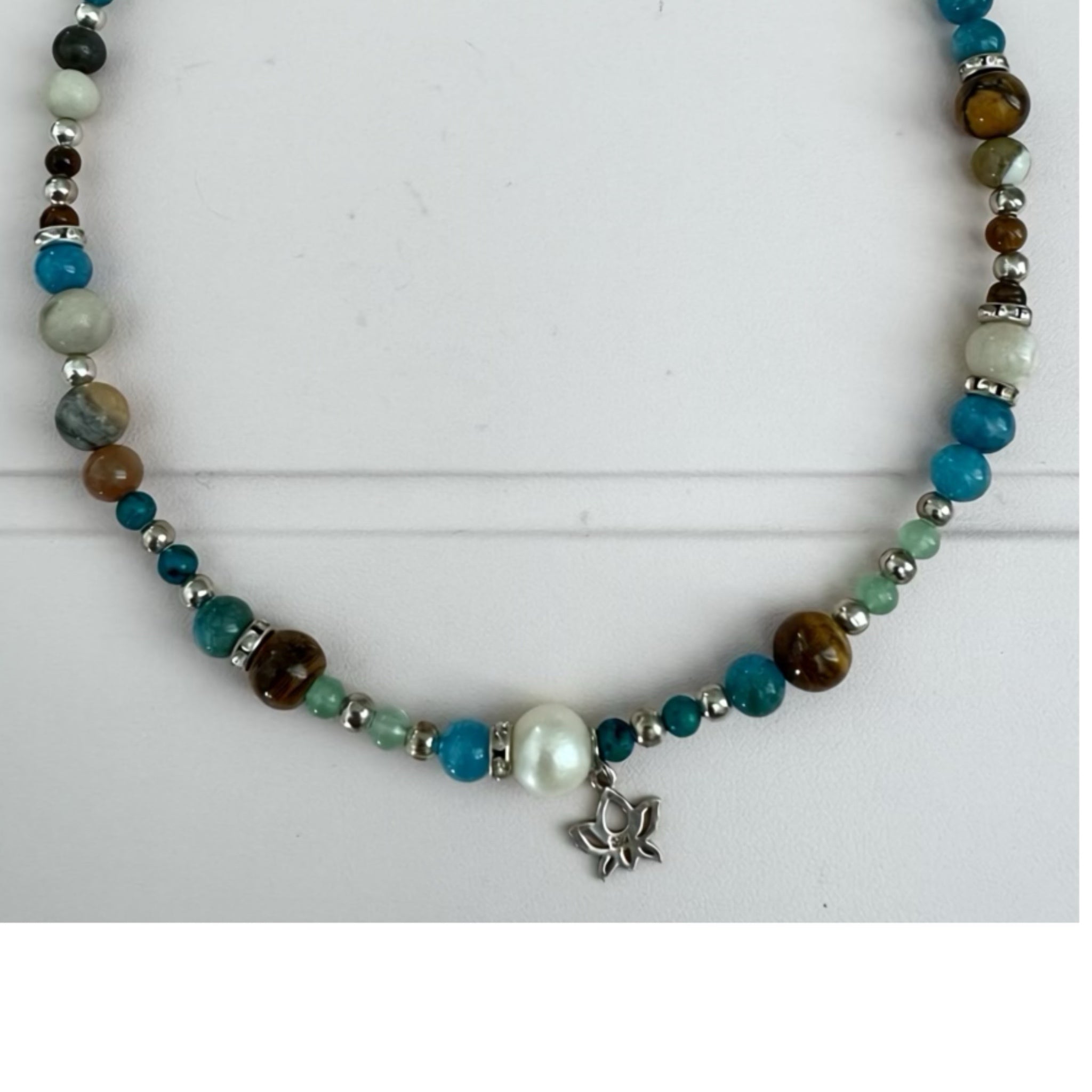 Handmade Sterling Silver S925 Lotus Pendant Gemstone Necklace Pearl Tigers Eye