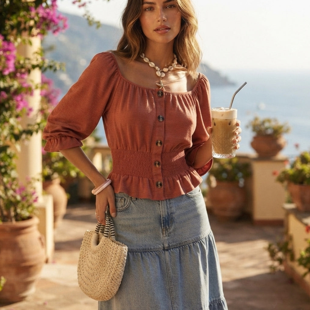 Burnt Orange Boho Blouse Button Accent Cinched Waist Knit Top