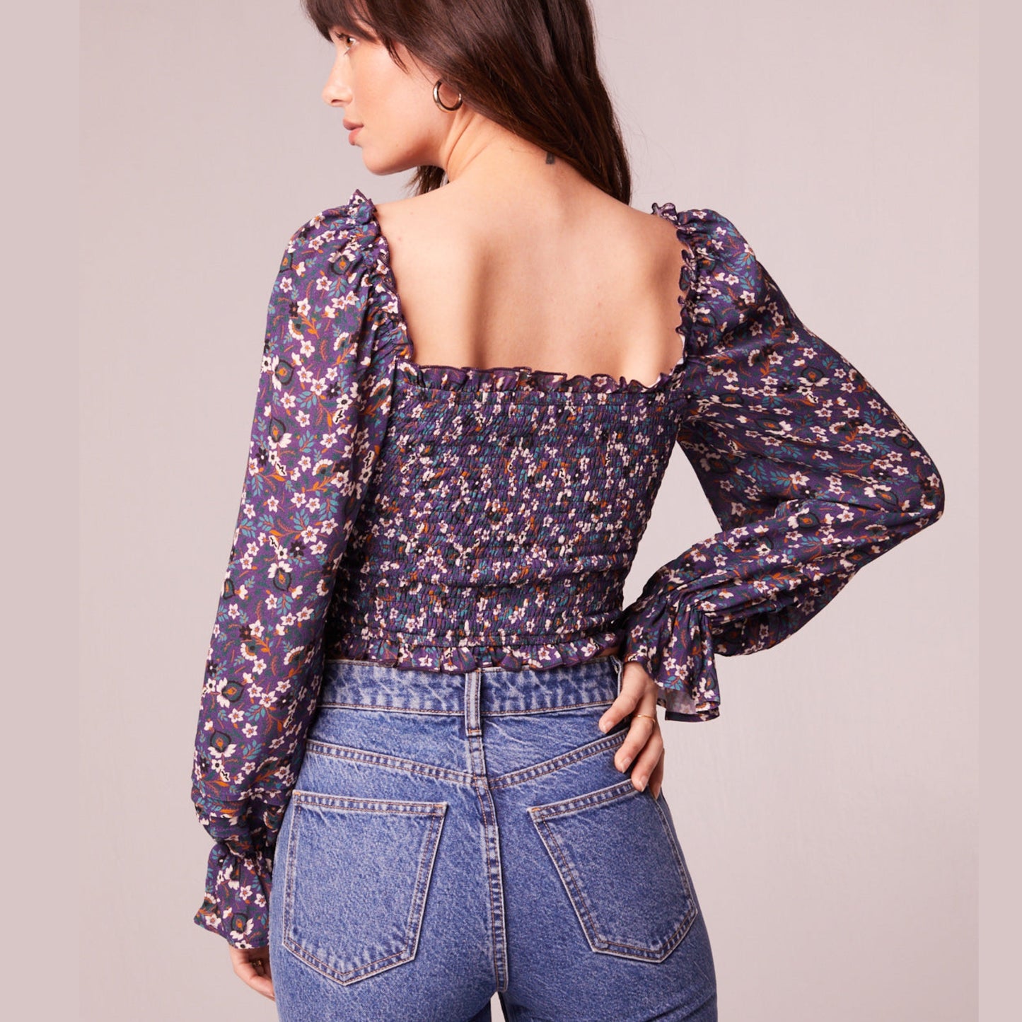 BAND OF THE FREE Cropped Purple Floral Smocked Long Sleeve Blouse