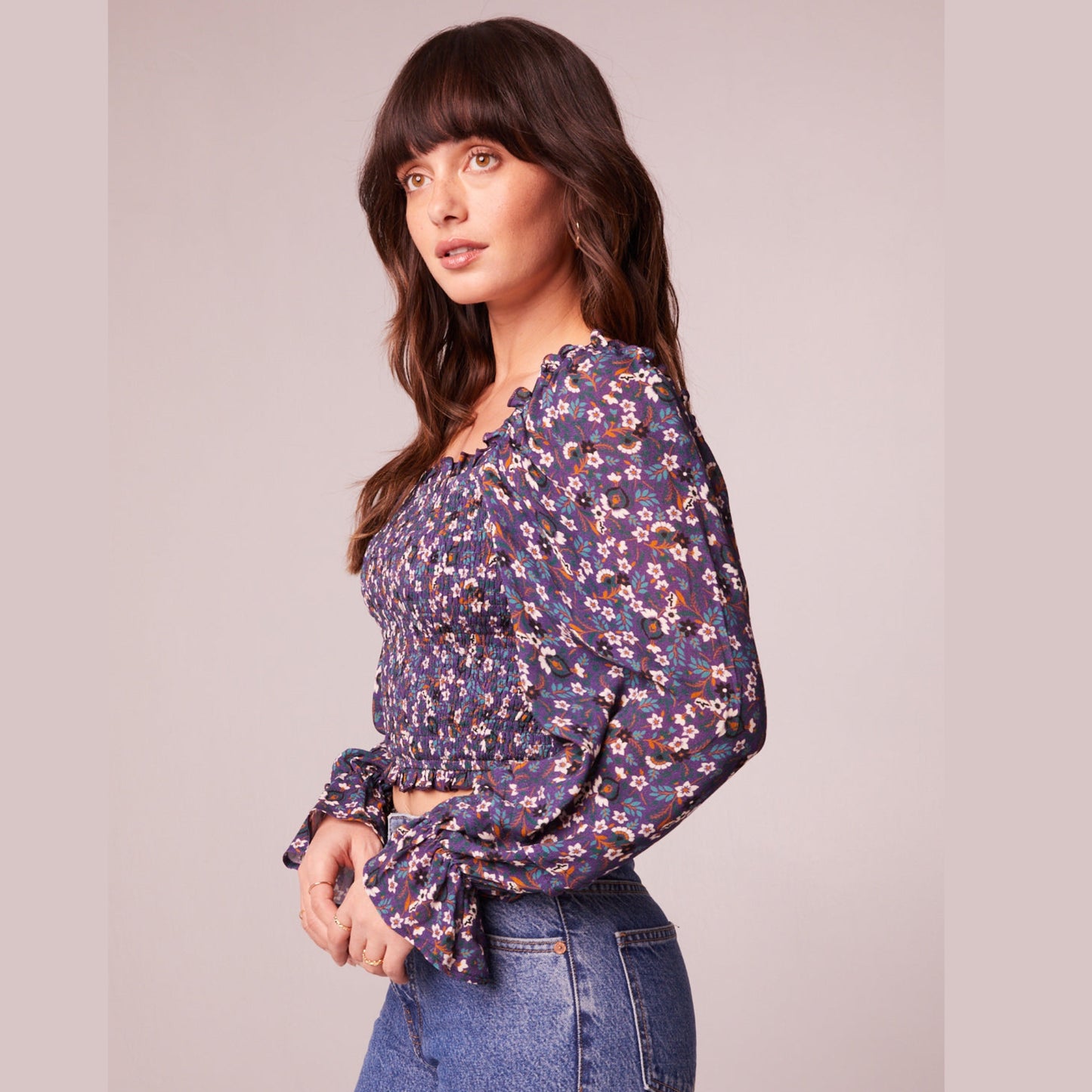 BAND OF THE FREE Cropped Purple Floral Smocked Long Sleeve Blouse