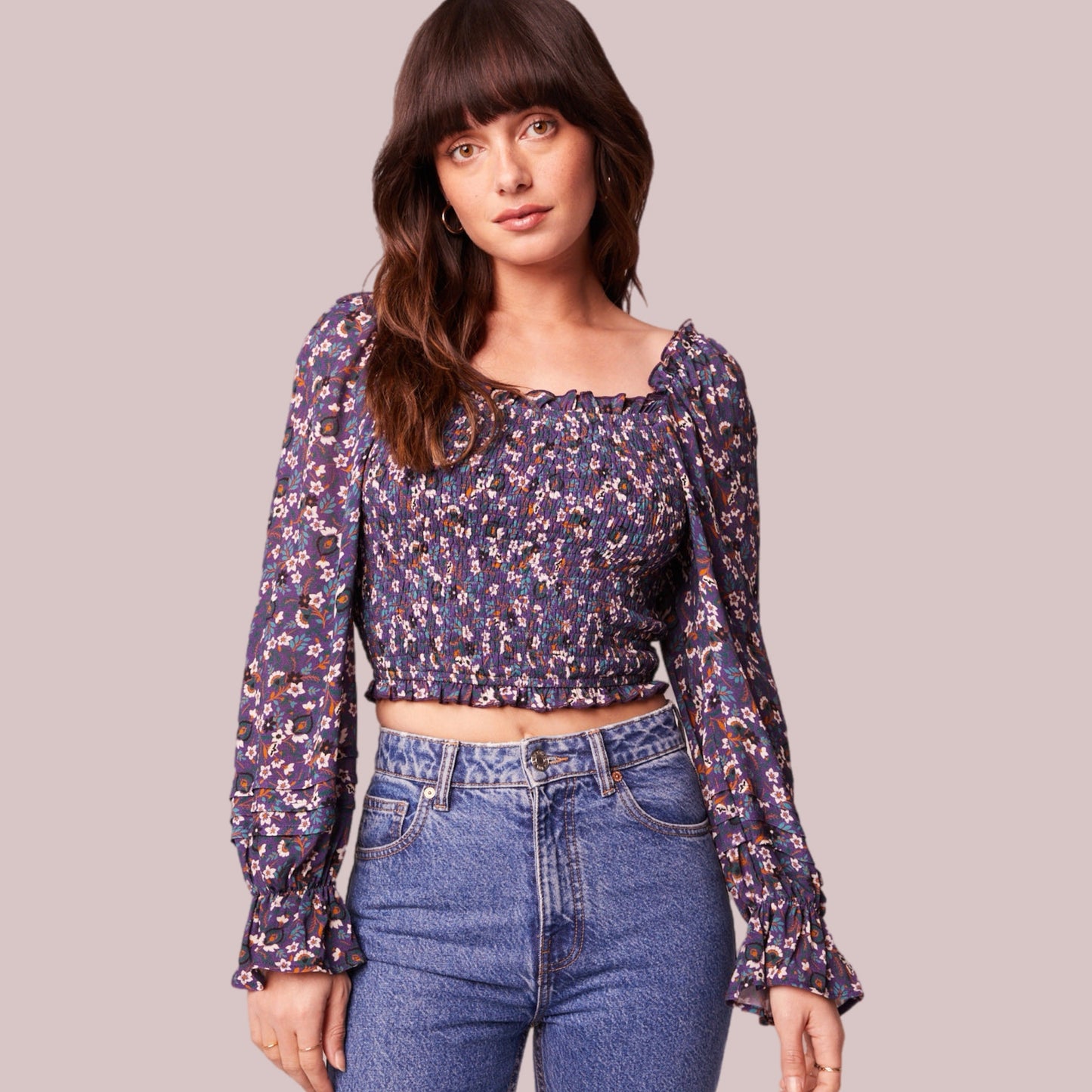 BAND OF THE FREE Cropped Purple Floral Smocked Long Sleeve Blouse