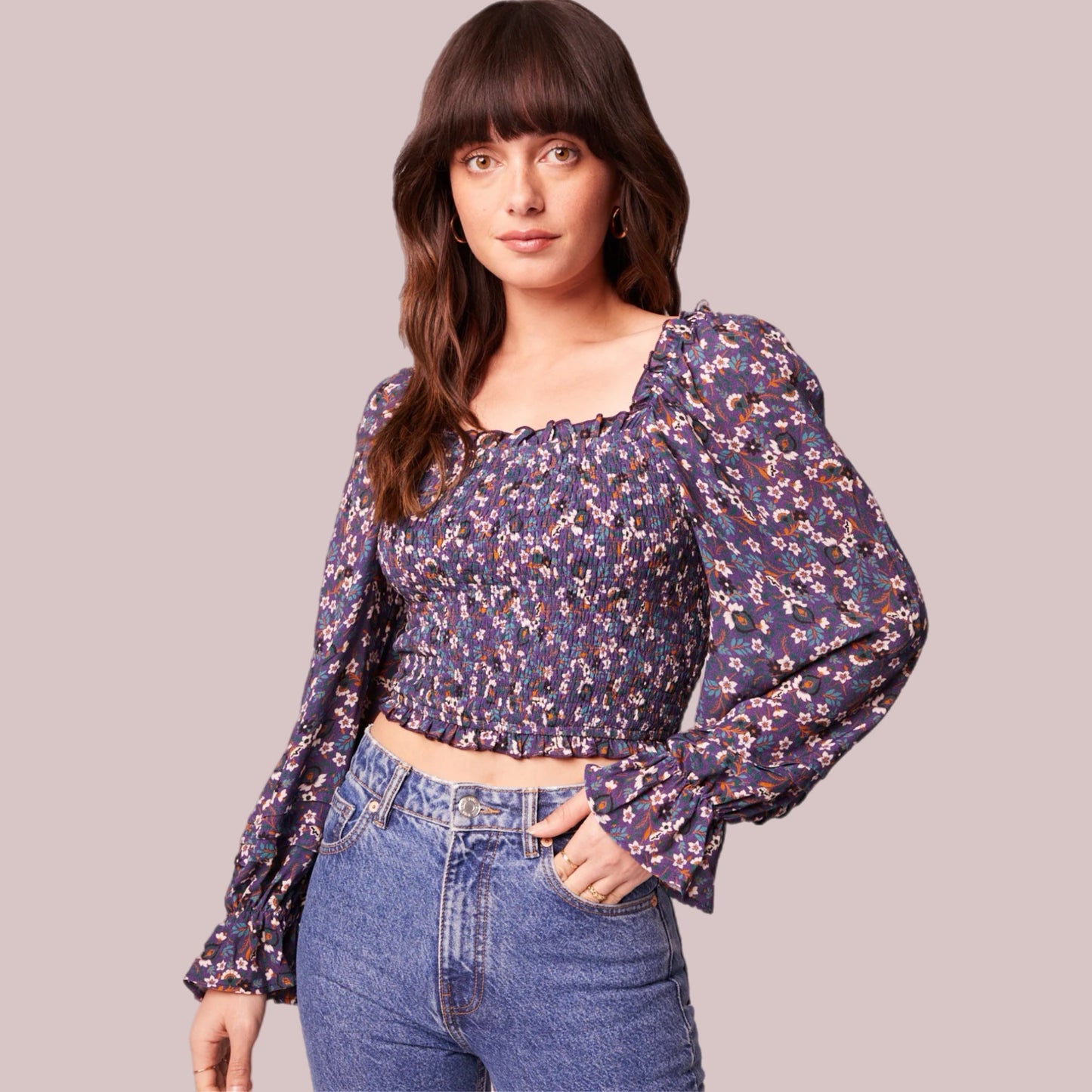 BAND OF THE FREE Cropped Purple Floral Smocked Long Sleeve Blouse