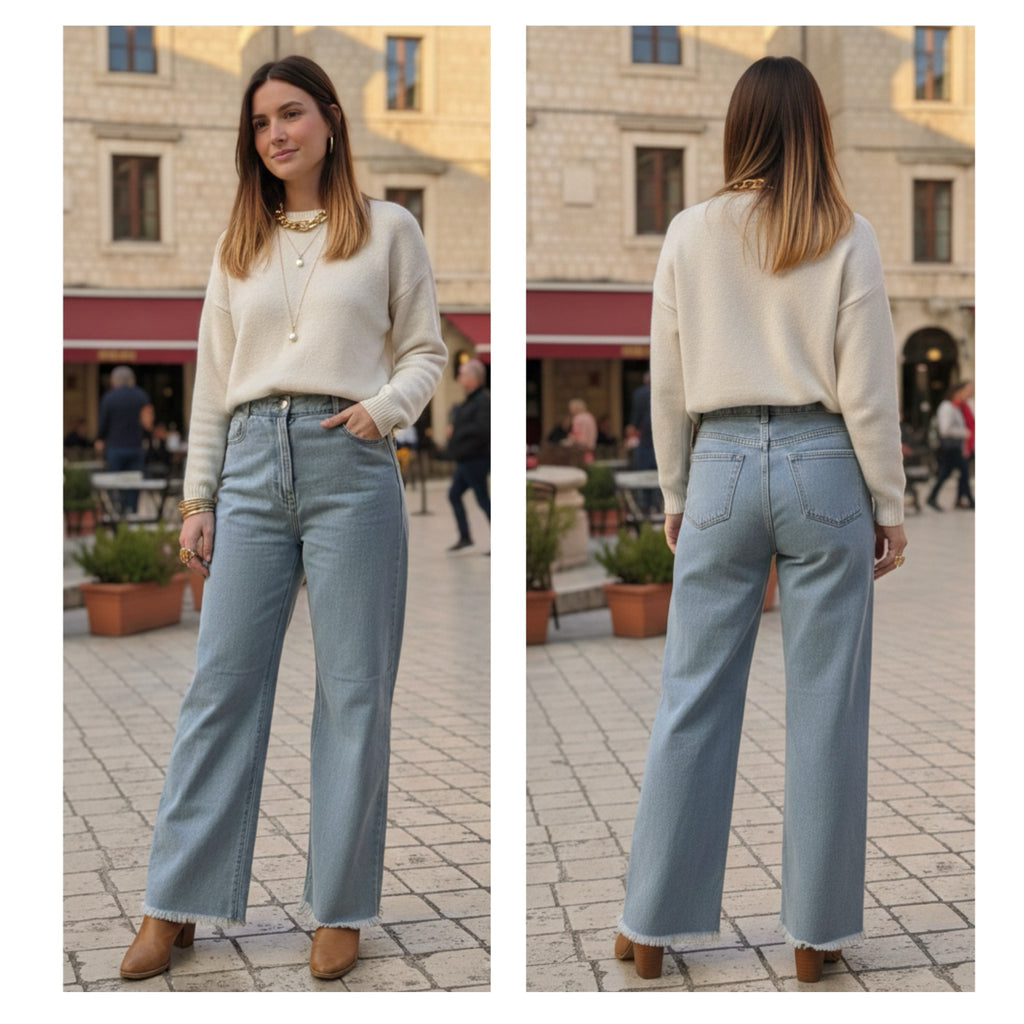 P Cill High Rise Wide Leg Jeans Light Wash Denim Raw Hem 100% Cotton