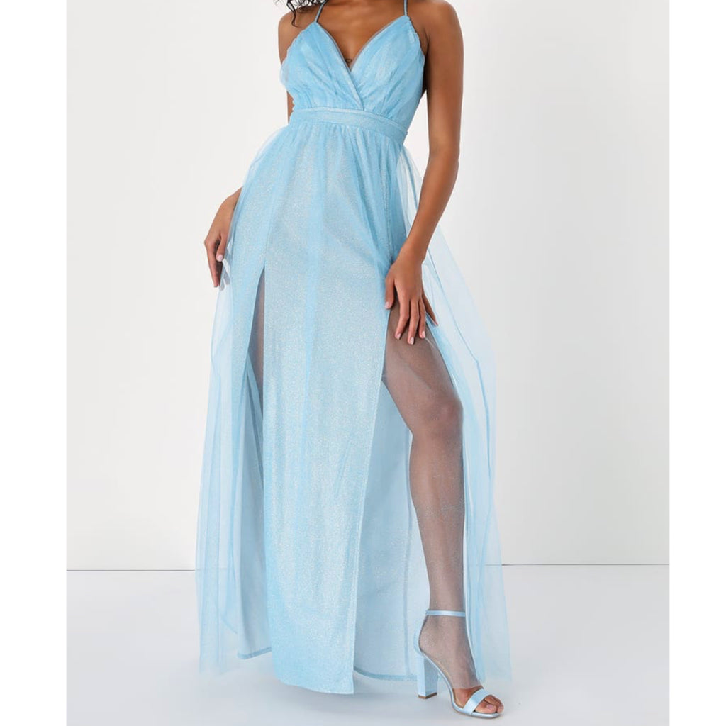 Lulus Enchanting Allure Light Blue Sparkly Tulle Maxi Dress