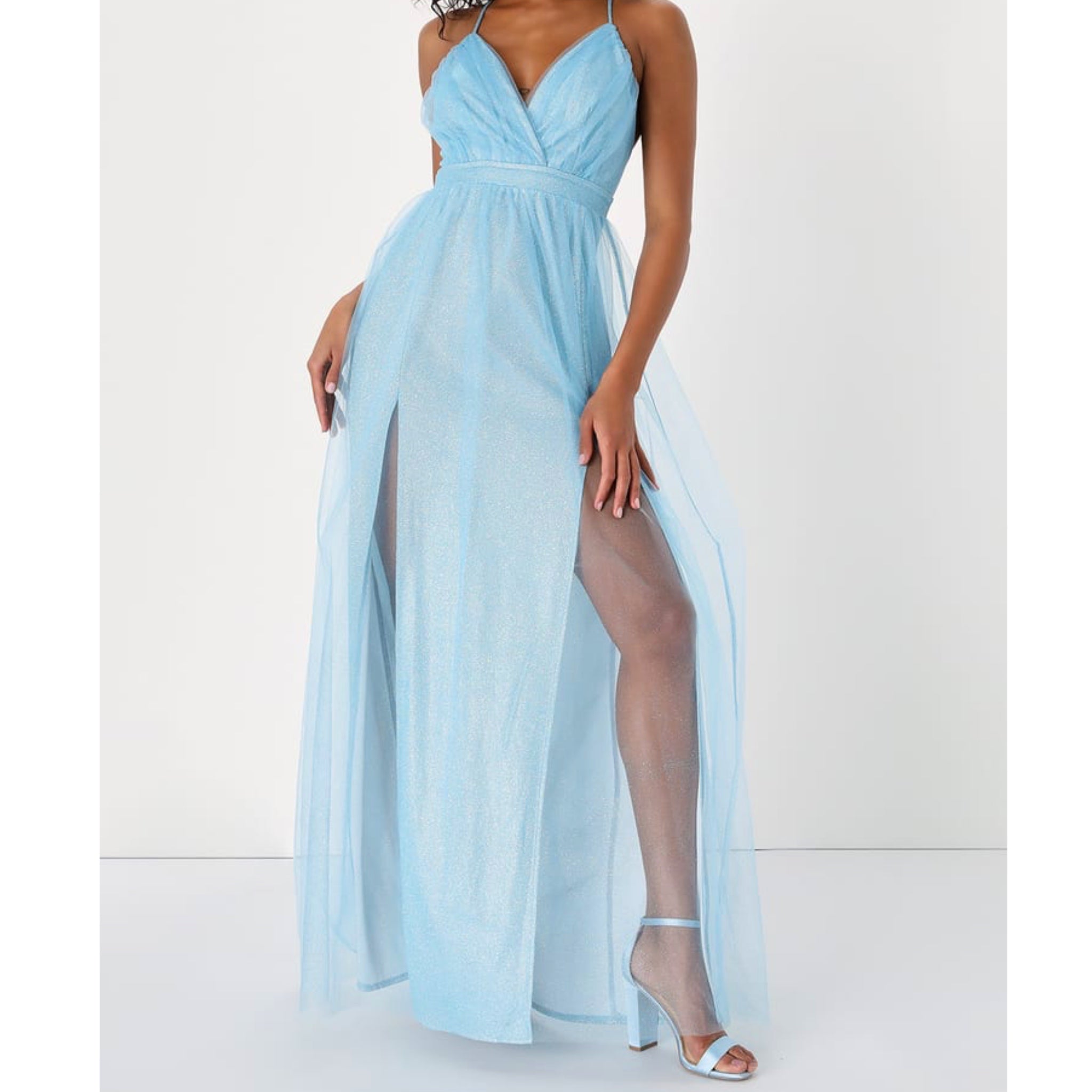 Lulus Enchanting Allure Light Blue Sparkly Tulle Maxi Dress