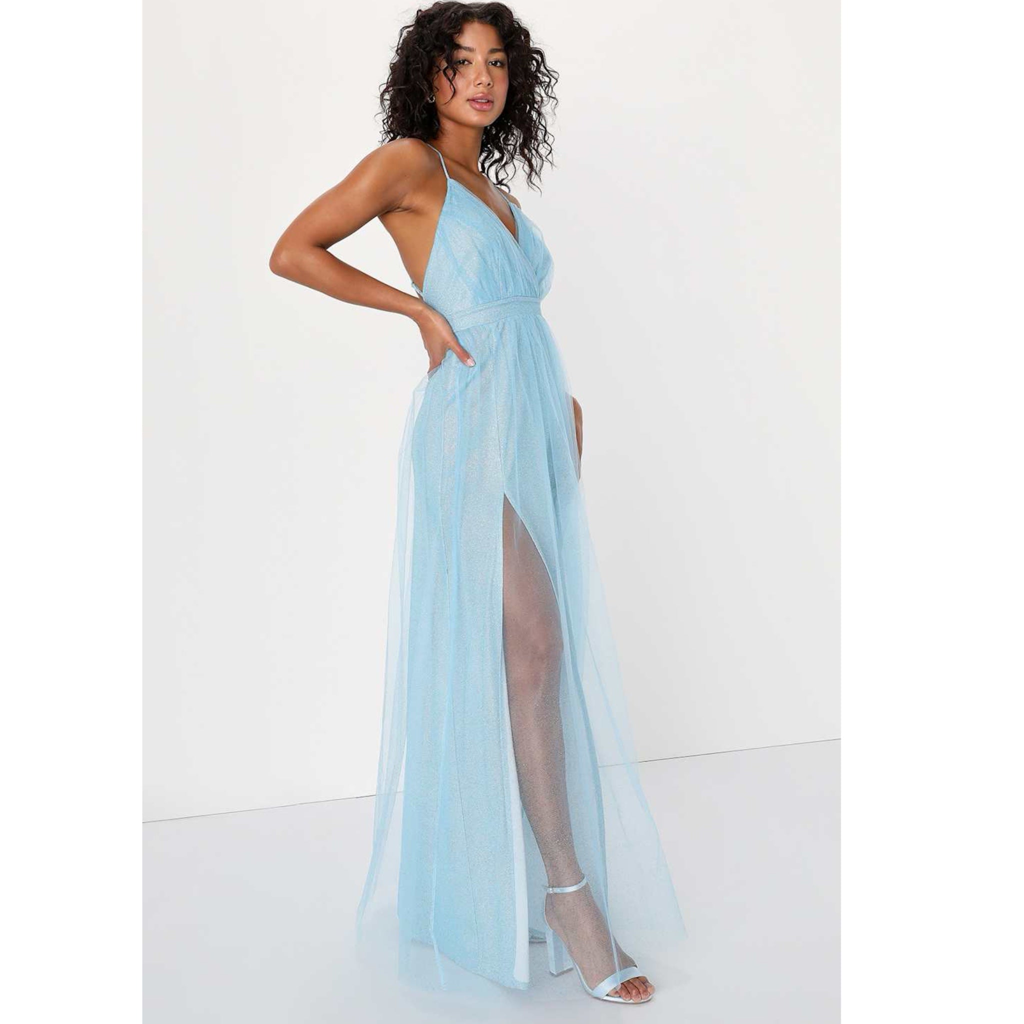 Lulus Enchanting Allure Light Blue Sparkly Tulle Maxi Dress